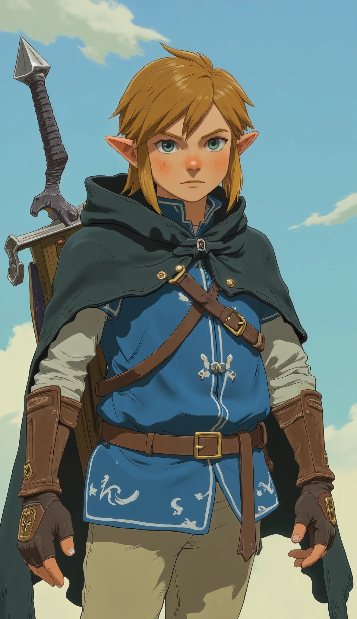 Cartoon-style image of a man wearing a sword and cloak, OTW style, The Legend of Zeldaより, The Legend of Zeldaからのリンク, Boromir at 80\'s anime world, OTW, Breath of the Wild Style , Blue Coat, zelda OTW, Zelda-inspired art, Boromir in the anime world, The Legend of Zelda
