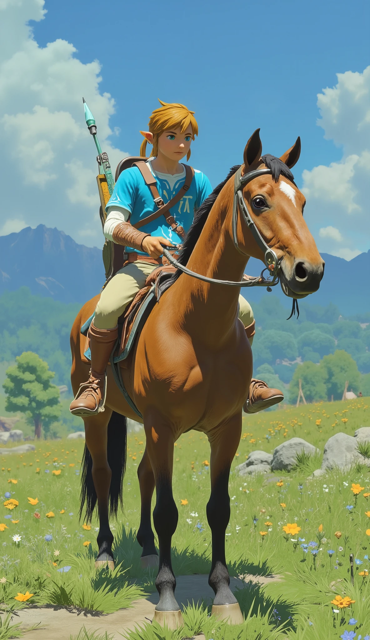A man with a bow and arrow is riding a horse, OTW style, Breath of the Wild style, Breath of the Wild art style, OTW, Breath of the Wild, Concept art with Adam Driver playing a centaur warrior, zelda OTW, Zelda-inspired art, zelda Breath of the Wild, Link from The Legend of Zelda, From The Legend of Zelda, Horse Warrior