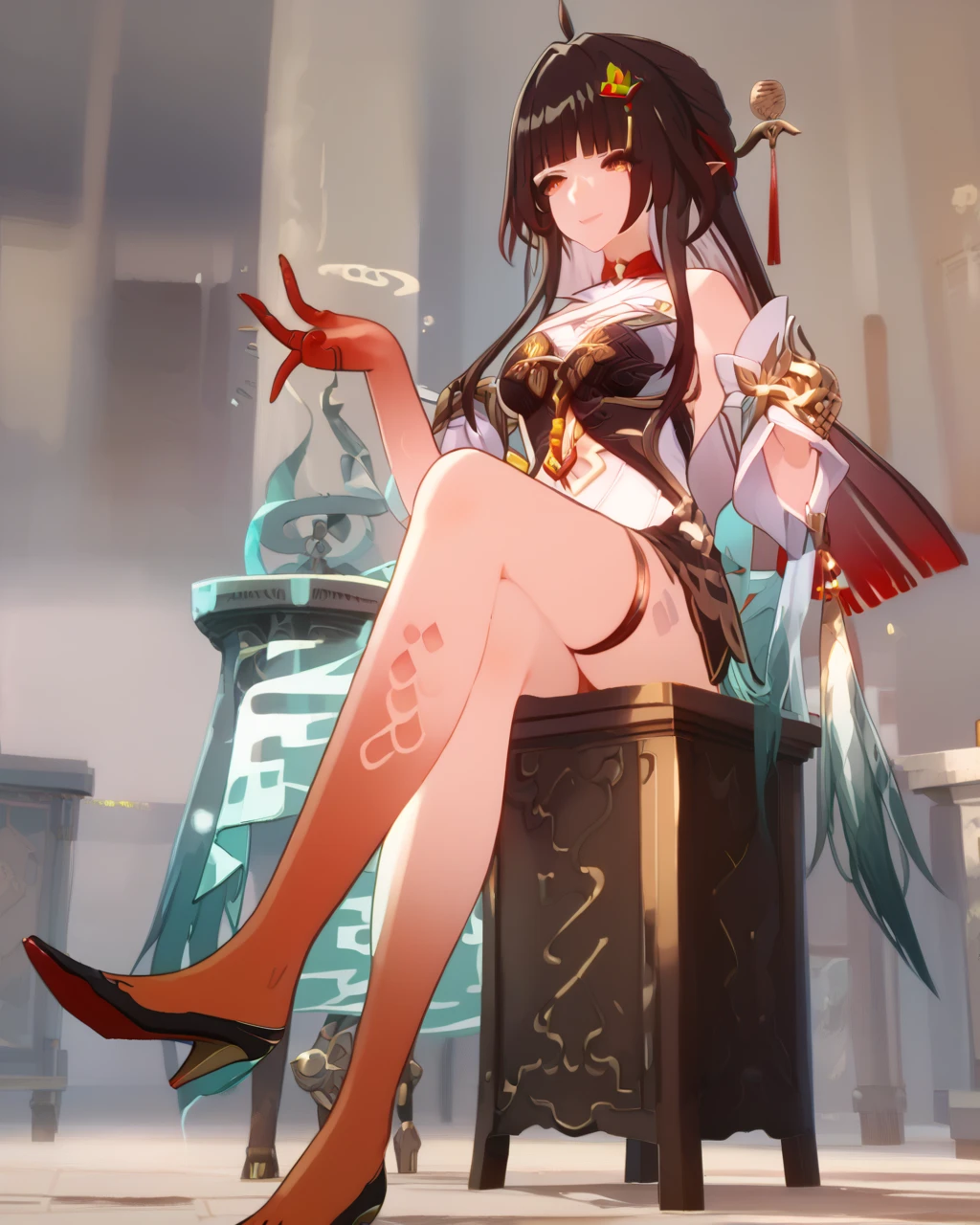 photorealistic, seductive asian princess, luxurious tight mini chinese dress, (on a throne, spread legs, lift up skirt, show off panties), (perfect anatomy), 8k, raw photograph, best quality, masterpiece, (detailed character), detailed anime face, detailed patterned sexy panties, full body concept, center of screen, stiletto heel, gorgeous jewelrys, tiara, gorgeous hair ornaments, large presence earring, bracelets, anklets, trinkets, dark hair, cyan eyes, smoky makeup, eyeshadow, heavy makeup, sexual temptation, sexual suggestiveness, seductive smile, oriental style, lens flare, film grain