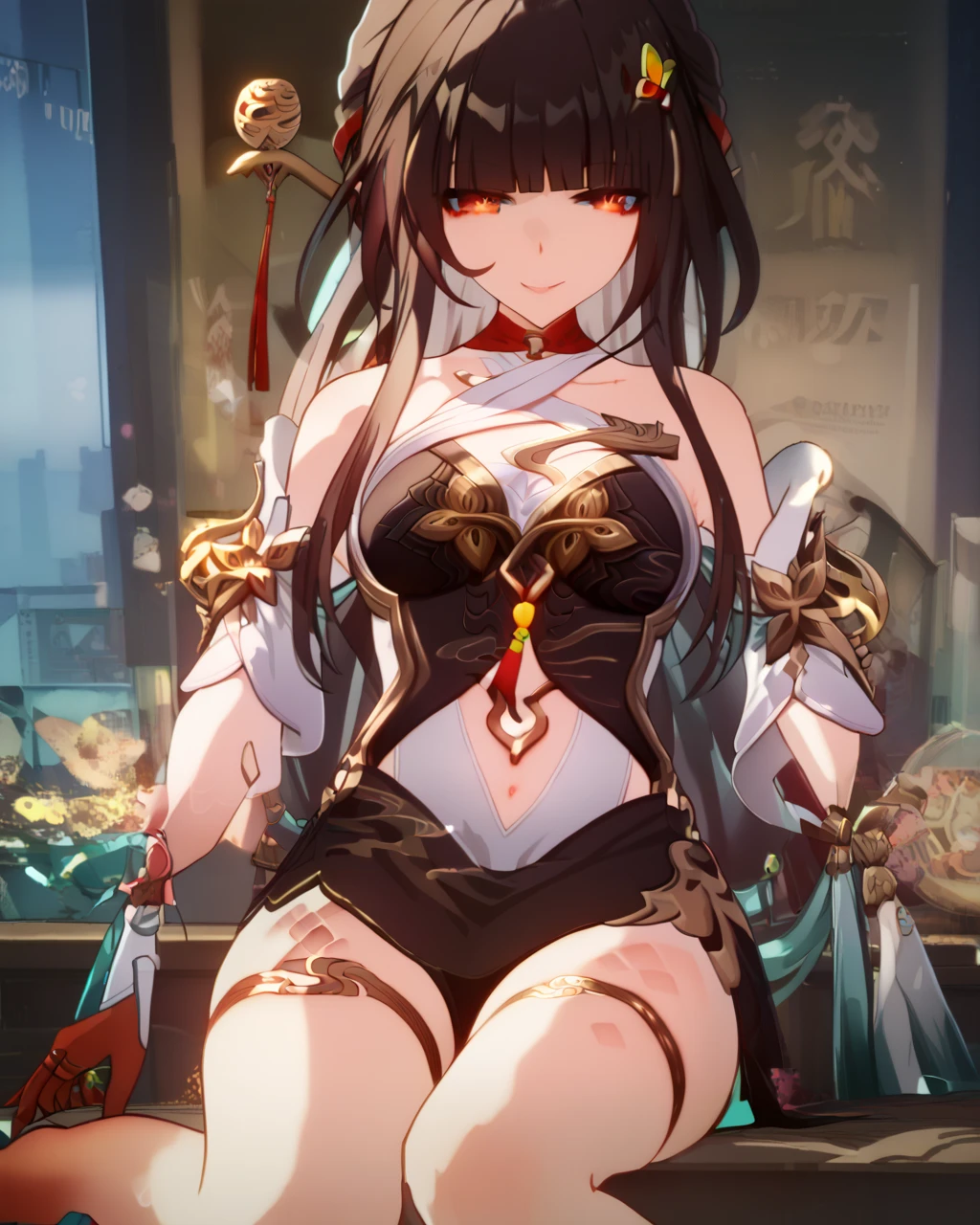 最high quality、best image quality、In 8K,4K,masterpiece、(NSFW:1.1)、super detailed face、beautiful、超high quality、-like、nice、((smaller breasts:1.4、narrow cleavage, under booblad:1.4), Full of wounds:1.1), Blood everywhere, (Blood on clothes:1.1), blood pool, (Covered with blood:1.3))、with a girl(((18-year-old、A bloodstained white cloth was wrapped around his chest......:1.5、Defeat a samurai zombie with a Japanese sword:1.5、White loincloth with blood on the waist:1.5、ponytail:1.5、dark brown hair:1.3、Torn Hakama:1.2、Disturbed armor:1.2、Putting out fangs:1.5、I have a Japanese sword in my right hand:1.5、He holds a Japanese sword sheath in his left hand......:1.5、Hold the Japanese sword vertically with your right hand......:1.5、red eyes、erotic:1.4、happiness、tattoo)))、high quality、visual art、With background((neon, night:1.3、temple background:1.3、Horde of samurai zombies:1.3))、table top