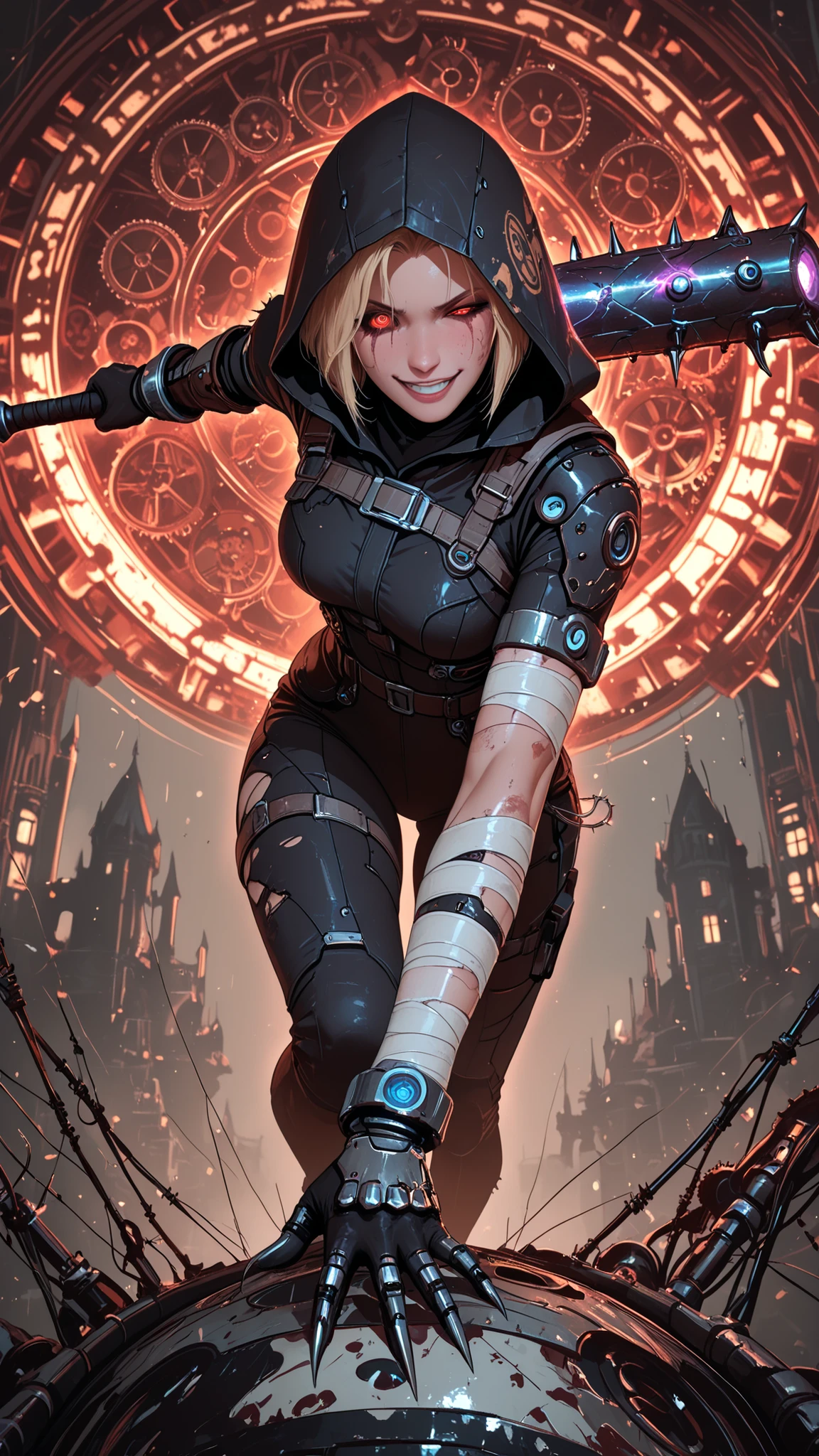 Teenage Girls, rookie ninja, animated imageboard, High Quality,4K,Masterpiece,Super Detailed,photorealistic western ninja,Pose,expression,Anime Style, Ambient Background ,Fantasy,Narrative,Details,Realistic sci-fi, F, Steampunk,dramatic lighting,Dynamic Composition,Vivid Color ((high angle)) mecha cyber goth girl noble like bandaged, huntress knight going down in bloodied classy dark castle indoor (perfect sclera eye style,sclera,eye,perfecteyes,Goth girl 1girl,(masterpiece, deta glowing inside colar, fur sleeves, tight sport yoga leggins, brown, grey, red, olive, green. Post apo night background, Moody Wallpaper cyberpunk anime Trinity , blonde slim cute charming survivor girl with bloodied basketball bat with barb wire with purple glowing electric status psychodelic rage poster in red, epic hit effect, dynamic blured motion, egergetic, marvelous style
- ((chaos-affected elegant outfit)) Pose and action: ((threatening pose)), ((massive hands in lace gloves reaching forward to crush)), ((fingers curved like claws through delicat
The image features a highly detailed and imaginative depiction of a cyborg girl with a blend of futuristic robotic elements and street art influences. The head of the figure is a sleek, with intricate display components, gears, and mechanical details visible, giving it a high-tech, cybernetic appearance. Muscular arm, emphasizing a rebellious and urban aesthetic. blaCK, red, brown, silver, BRASS caped, hooded, heavy gun, one eye, cheeky smile, tall, fit, dangerous
The figure is dressed in a layered, worn-out COOL FITTING CLOTHES that combines elements of streetwear and armor, with patches, torn fabric, The clothing appears rugged and distressed, complementing the gritty, dystopian vibe of the artwork. The overall composition blends mechanical precision with expressive street art, creating a dynamic and visually striking image that embodies a fusion of technology and urban culture, evoking themes of rebellion, innovation, and t