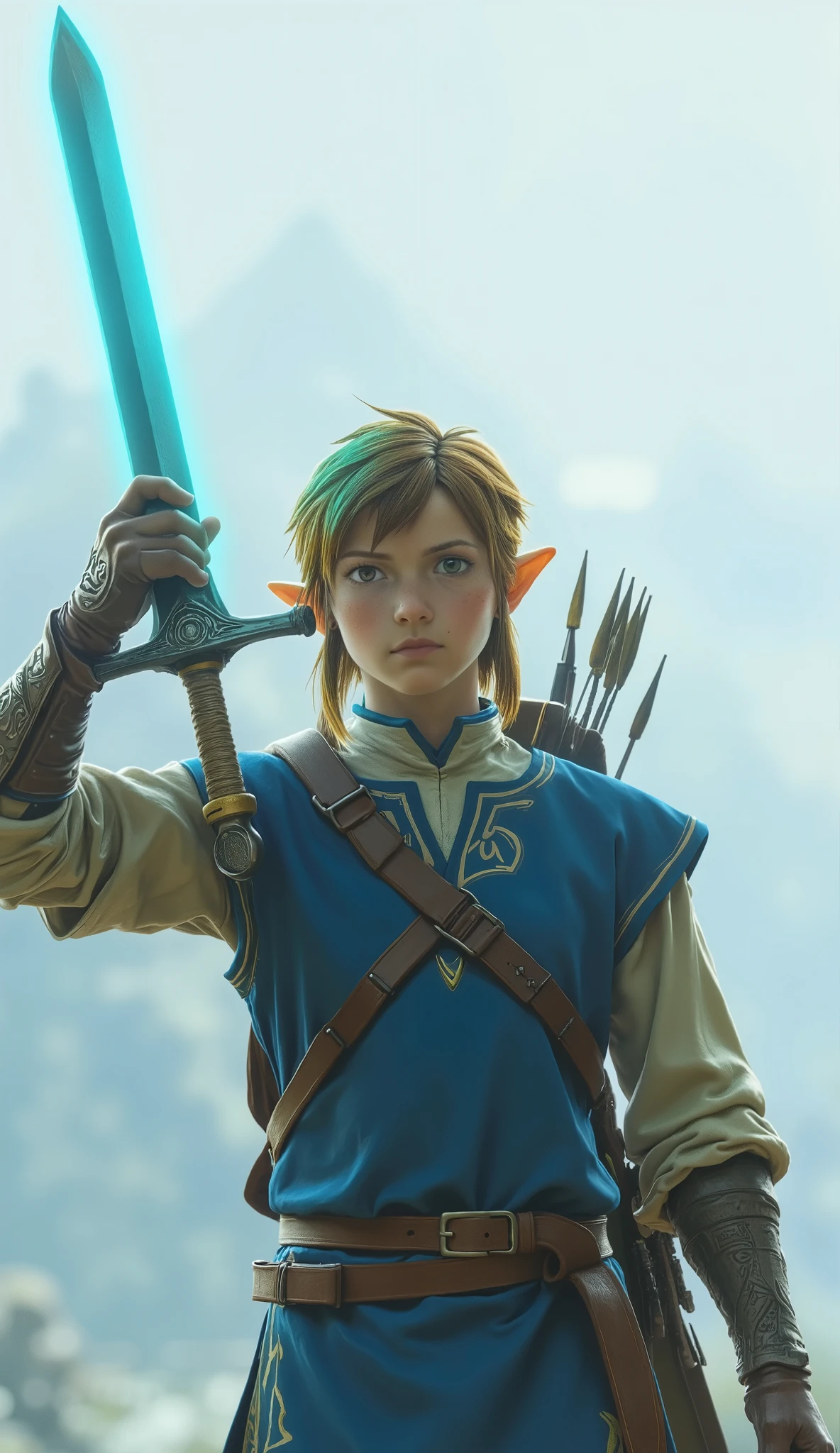 An elf-like figure stands poised with a sword raised high, ready for action. The character is clothed in a blue tunic, complemented by beige sleeves that bear intricate green patterns, suggesting a mix of traditional and fantastical aesthetics. The tunic is cinched by a sturdy belt, with additional straps across the chest, indicating practicality and readiness for adventure. Their ears are pointed, adorned with delicate earrings, enhancing the ethereal appearance. On their back, a quiver subtly peeks out, hinting at versatility in weaponry. The sword, radiating a gleaming light, captivates with its unique blue hue and detailed guard design. The ambient backdrop is a soft gradient, echoing misty or mountainous terrains, adding to the adventurous and mystical atmosphere of the scene. The overall mood suggests determination and preparedness, typical of a heroic quest narrative.