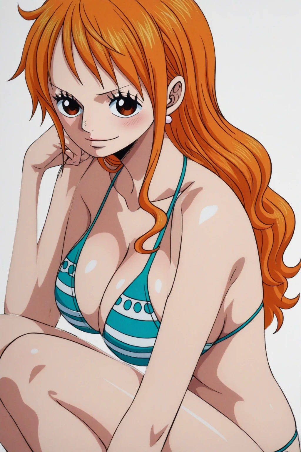 An Arafe woman wears a bikini top and red super miniskirt, nami one piece, uma obra-prima , Retrato bonito de Nami, nami from one piece,Nami em super minissaia vermelha, arte de anime digital detalhada, Cute Exirobat showing white pants, Muito detalhado Artgerm haha, deviantart artstation cgsscosiety, realistic red bikini, roupa de banho vermelha, fanart melhor artstation, Artgerm. alto detalhamento, seios grandes.