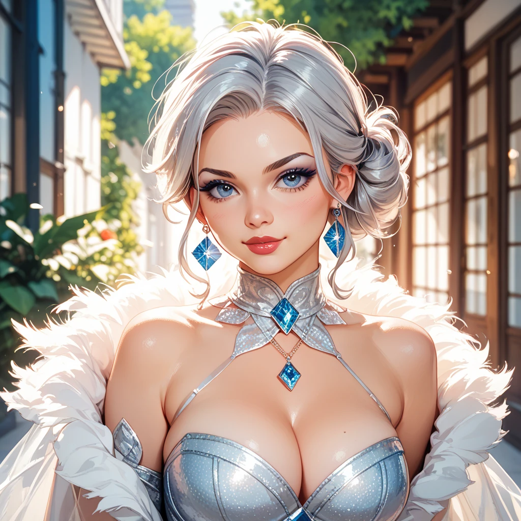 gwen tennyson,tracer,y'shtola rhul,yorha 2b,rebecca chambers,nier automata,atelier ryza,close up,christmas village,tattoos,white plugsuit,white short sleeve crystal leotard,blue embroidery long white crystal gown dress,silver lingerie corset,short hair,princess makeup,blue glowing eyes,multicolored silver hair,sexy smile,freckles,beautiful girl,large breasts,white stockings,8k,ultra detailed,realistic,fantasy art,crystal armor,fur armor,winter princess dress,long dress train,blue snowflake crown,ear piercings,crystal hand and neck jewelry,walking,(weather:snowflakes falling),