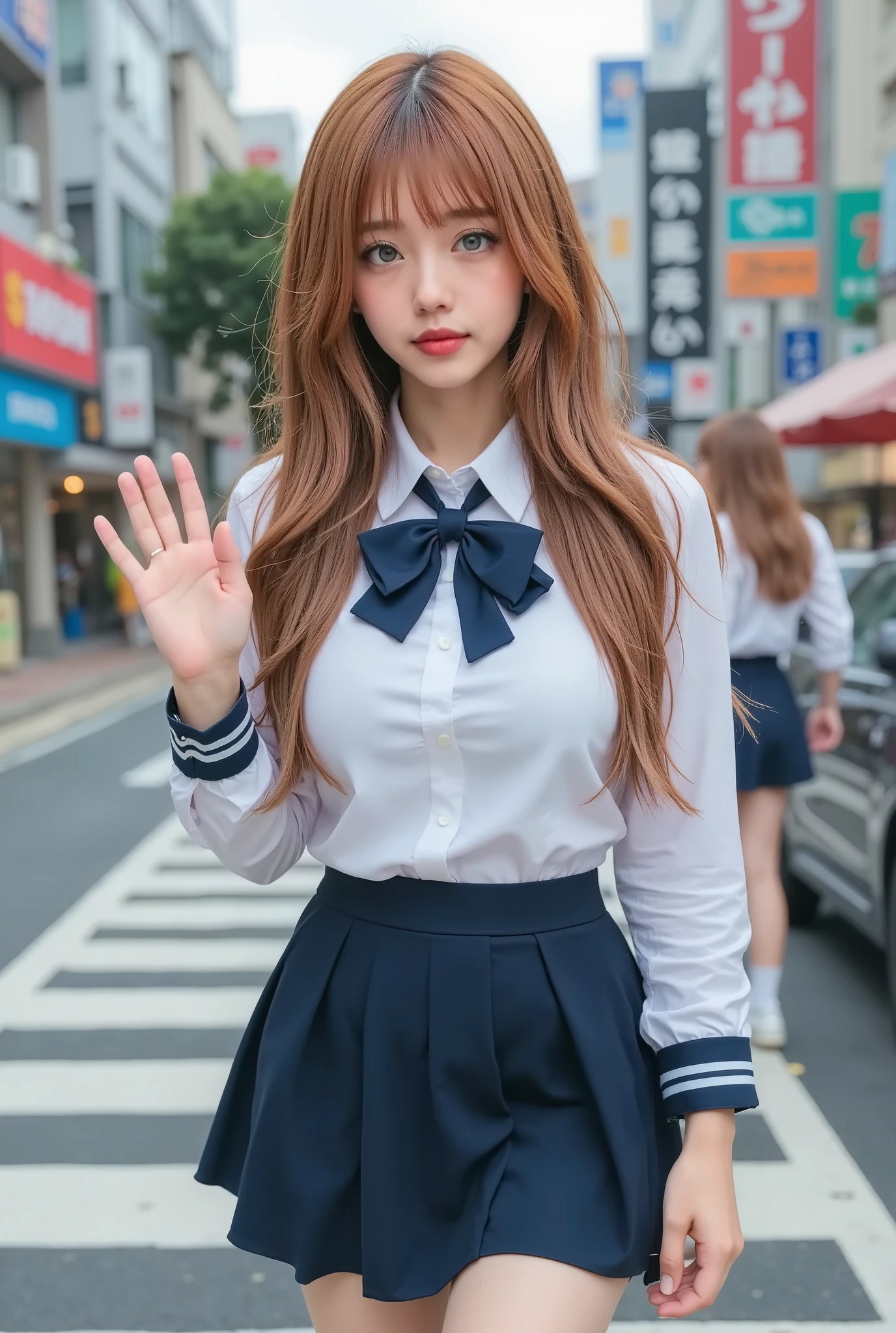 (masterpiece), best quality, expressive eyes, perfect face, 1 asian girl, long red-auburn hair, icy blue eyes, , school girl, wearing a school uniform of a white shirt and short navy blue skirt with a bow tie, smiling, waving at viewer, morning light, standing at the Shibuya crossing road.