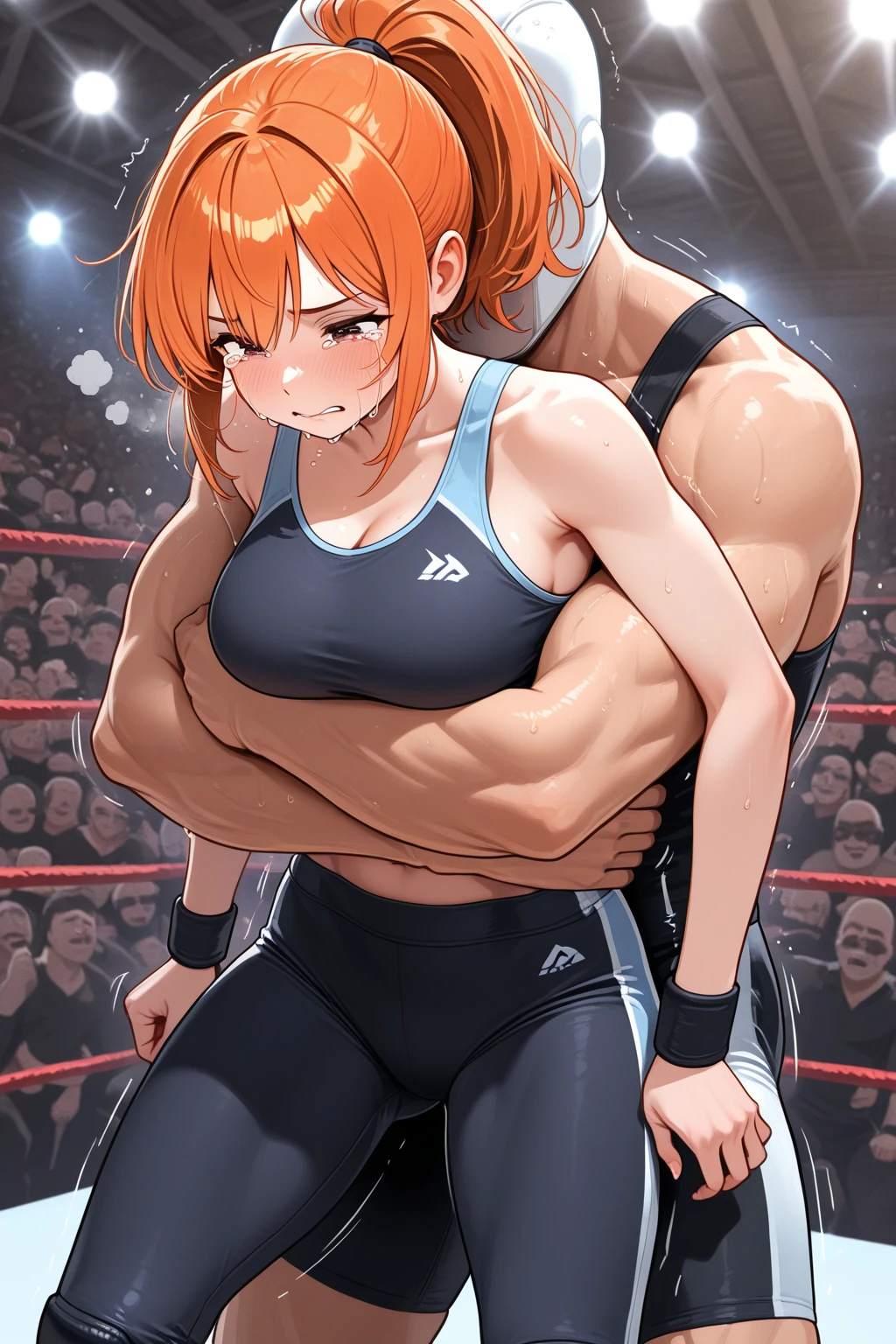 Maki nishikino, purple eyes, twintails,white slingshot , black leather boots, black gloves, ass  , sweating, sweaty,soaked in sweat, standing,red lipstick, realistic art,  ass, looking back , 1man,bear-hug position, defeated , wrestling submission 