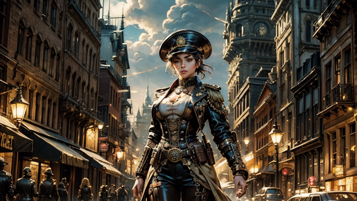 parade, steampunk, army marching, crowd, sunset, realistic, epic, hd, pov