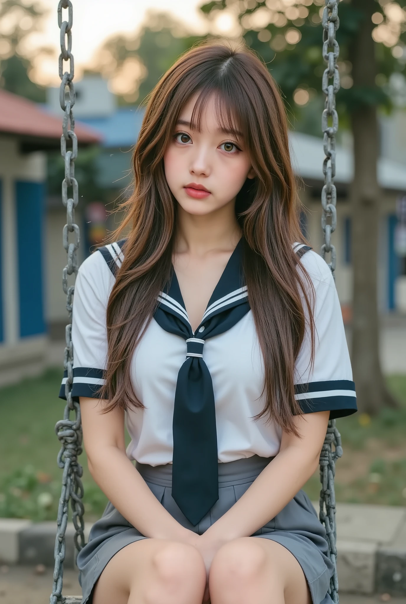 1 asian girl, long brown hair, amber orange eyes, teenager, wearing a school uniform of a white shirt and gray skirt with a gray tie, seated on a swing set, evening light, sunset, bored expression, 
