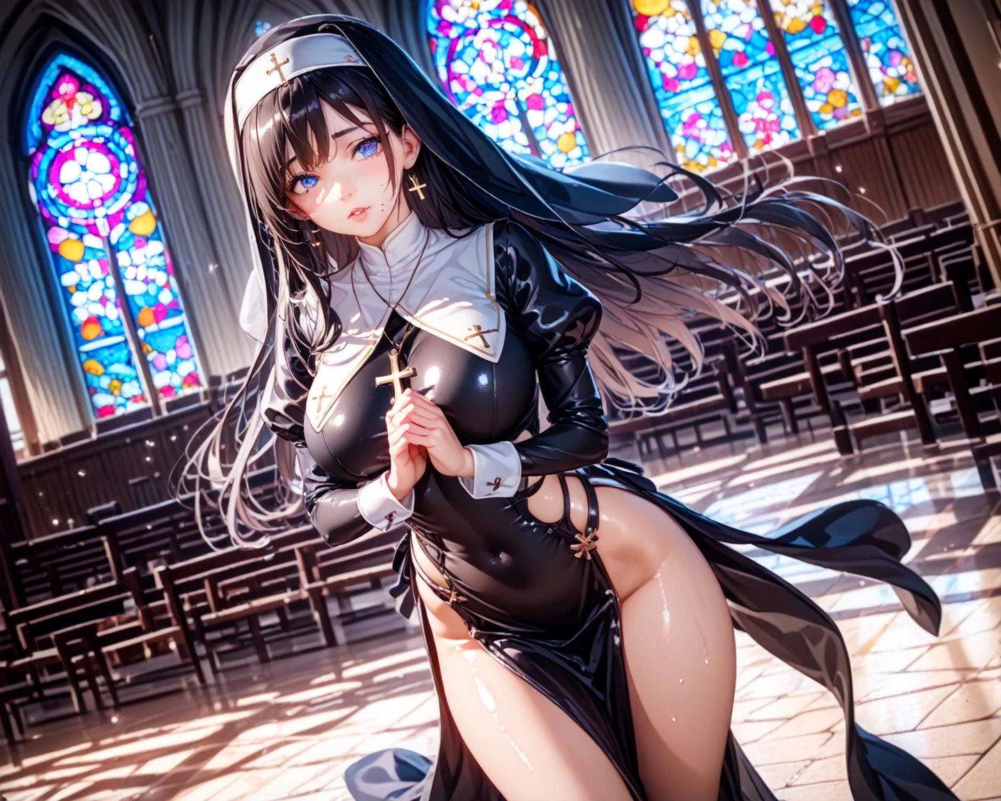 A beautiful woman dressed as a church sister, Strike a pose gracefully. She has a perfect face、, Expressive eyes, long flowing hair, And a kind smile. Her body is perfectly balanced, With a slim waist and beautiful curves. 彼女の教会のNunsたちの衣装は伝統的な要素で飾られている., Includes a modest dress with a veil and intricate embroidery. The embroidery is delicate, beautiful, Casually sexy, Enhance the elegance of your outfit. This dress has a high neck and long sleeves..., Decorated with lace and intricate patterns. The veil is of high quality, The translucent material flows gracefully over the shoulders... The background is soft and blurry、Focus on her.. Make your underarms look natural、Maintaining balance throughout the body. The character needs to appear graceful and confident.... Please show me your armpits, Embarrassing, Are crying, anger, (Nuns),(Cross Necklace), Latex bodysuit, Shiny clothes, Perfect fit for your skin, habit, Latex gloves,Black bodysuit,Thigh-high boots, No sleeve,