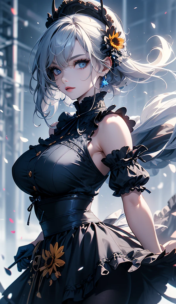 ((dress_default, terrific_default, ornament_waist)):1.5,((solo, 1girl)) ((masterpiece,Highest quality,Highly detailed images,Beautiful images、Realistic、Dutch Angle)),（Dynamic Angle）、 (Bright lighting overall、Backlight、A fantastic atmosphere、Thick Fog、Dust flutters),(Dynamic pose、Beautiful cleavage、huge breasts, Support your chest with your hands)1.2, ((Beautiful starry sky、shooting star、Ocean))、Black sleeves
