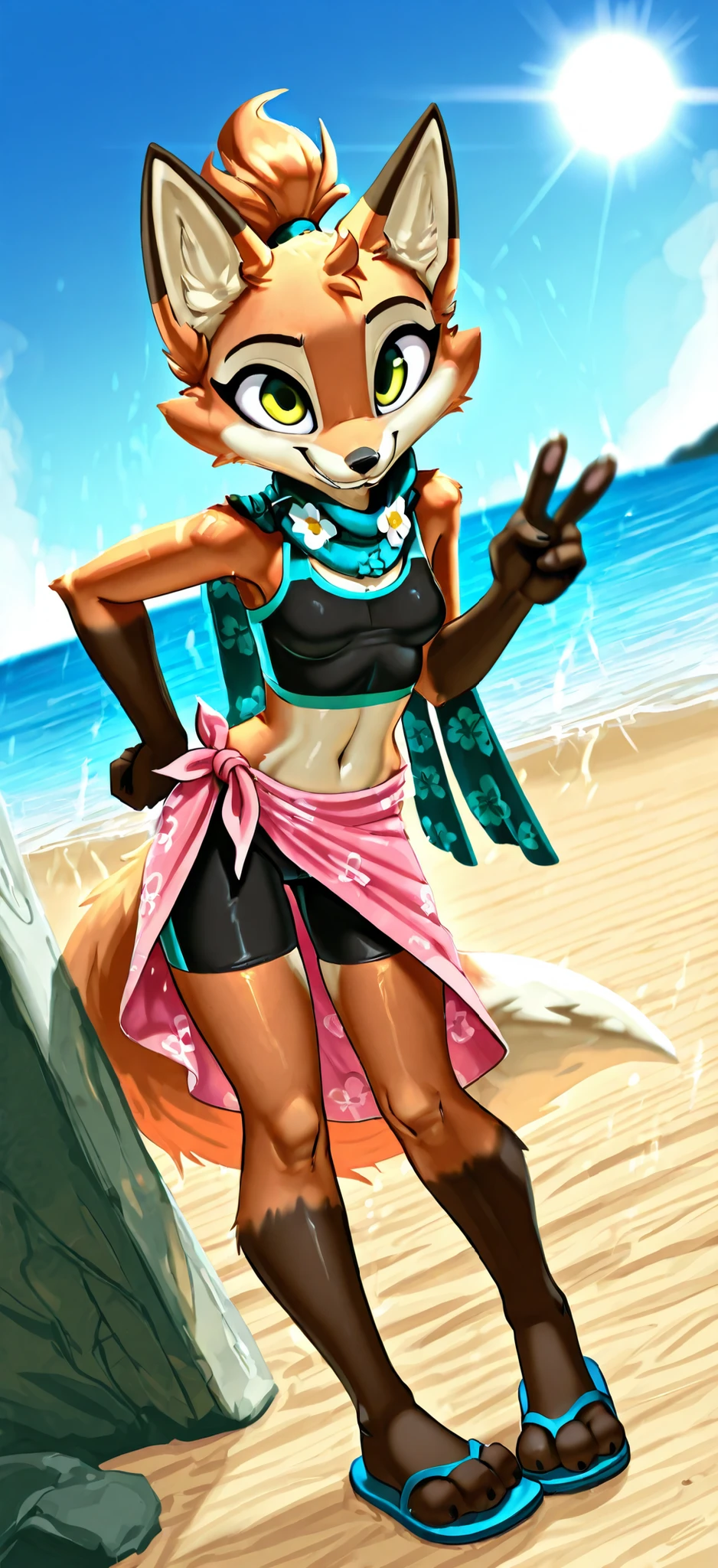 score_9, score_8_up, score_7_up, 1girl, source furry, absurdres, masterpiece, best quality, amazing quality, siroc, solo, dynamic angle, fleetfox, furry, fox, orange fur, green eyes, female, short hair, spiky pointed bangs tuft, fleetSummer, black tankini, midriff, black bike shorts, navel, scarf with flower pattern, pink sarong, flip flops, full body, feets with three toes, small breasts, ponytail, smile, standing, v, peace sign with one hand, one hand on hip, beach on background, clear sky, sun, front view,