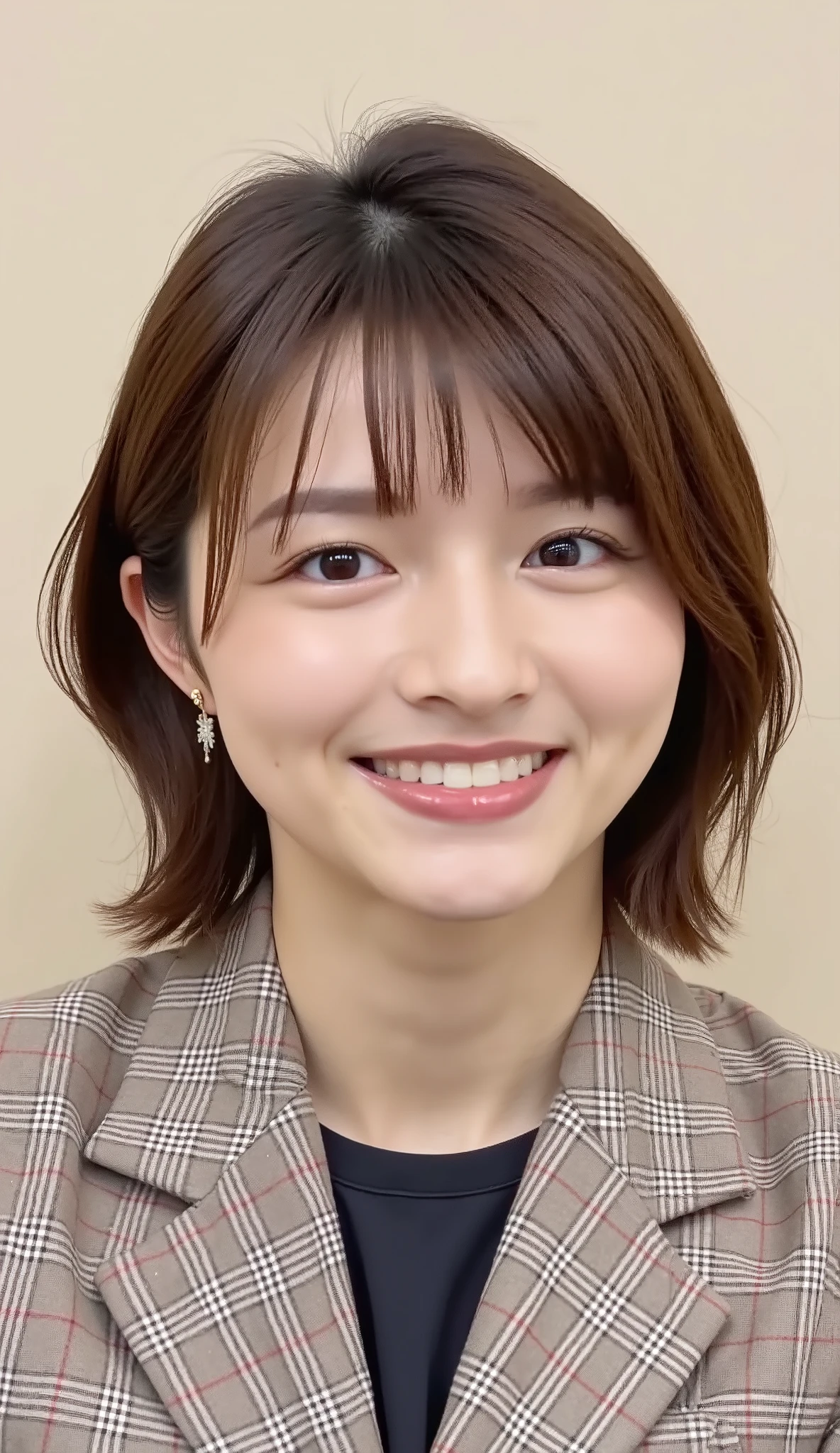 Neat Young Woman、and look at the camera、office lady suit、jacket、shirt、ネックレス、、ear piercing、、無表情、背景はオフィス