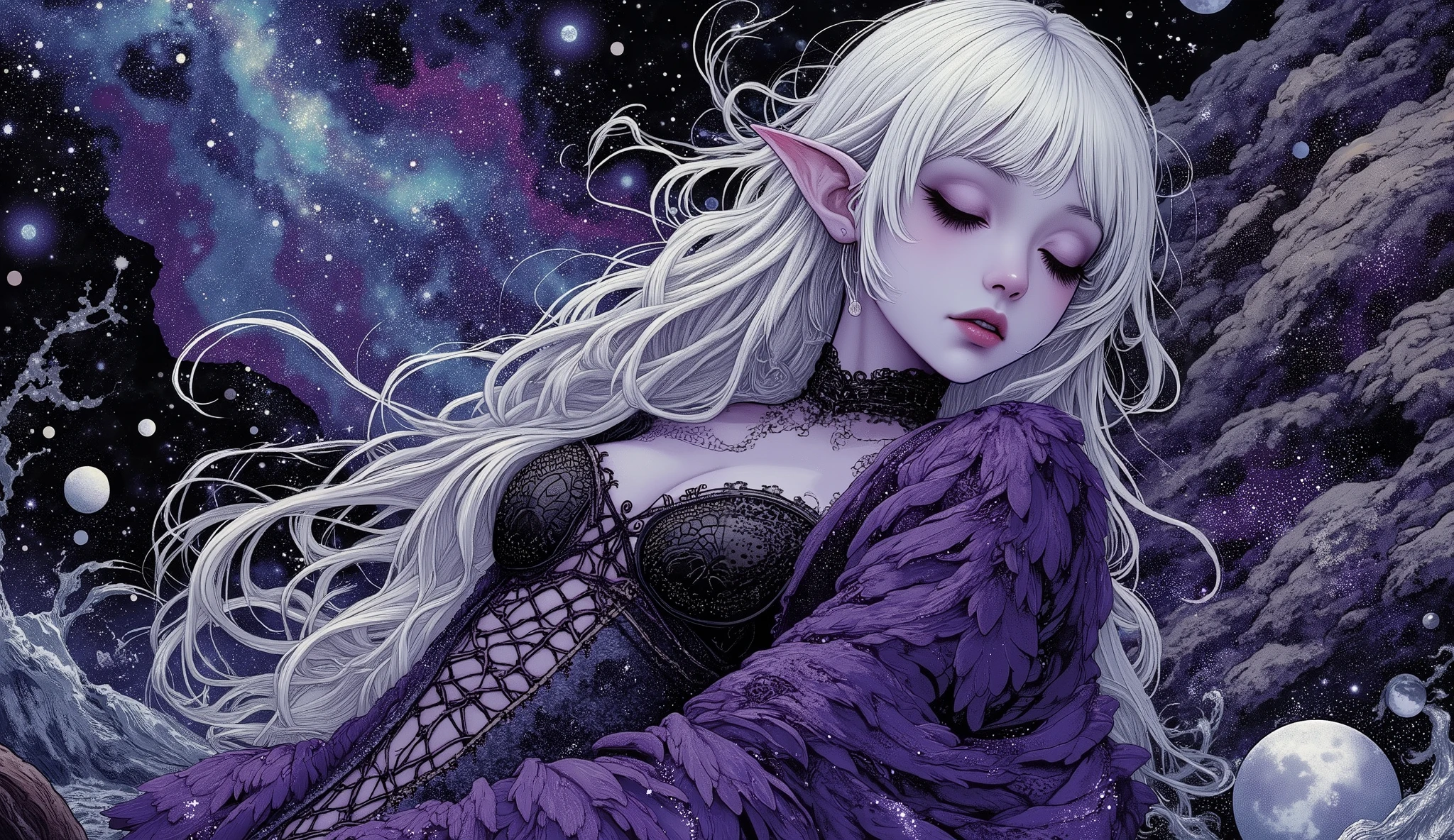 (A fusion of Ukiyo-e and dark fantasy. Aesthetic and gothic digital art. Draw a detailed face. Look away.) BREAK (Transparent white hair. Blunt bangs. White eyebrows. Long white eyelashes. Almond-shaped eyes. Lavender-colored eyes. Thick, dark eyeliner. Small pink lips. Slightly pointed ears. Dark purple skin. Thin limbs. Thin fingers. White nails. Draw one thumb and four fingers accurately.) BREAK (The scene is depicted from a diagonal perspective, looking down on a woman from above. The atmosphere is dark, mysterious, and solemn. A mysterious woman, dressed in a tight lace-up dress made of raven feathers sewn together in the style of a medieval Czech court, with black lace-up sandals, curls up like a fetus, closes her eyes, and sleeps, submerged in a liquid pool modeled after the Milky Way. The liquid contains countless stars and moons of the Milky Way, shimmering in seven colors and flowing and moving.)