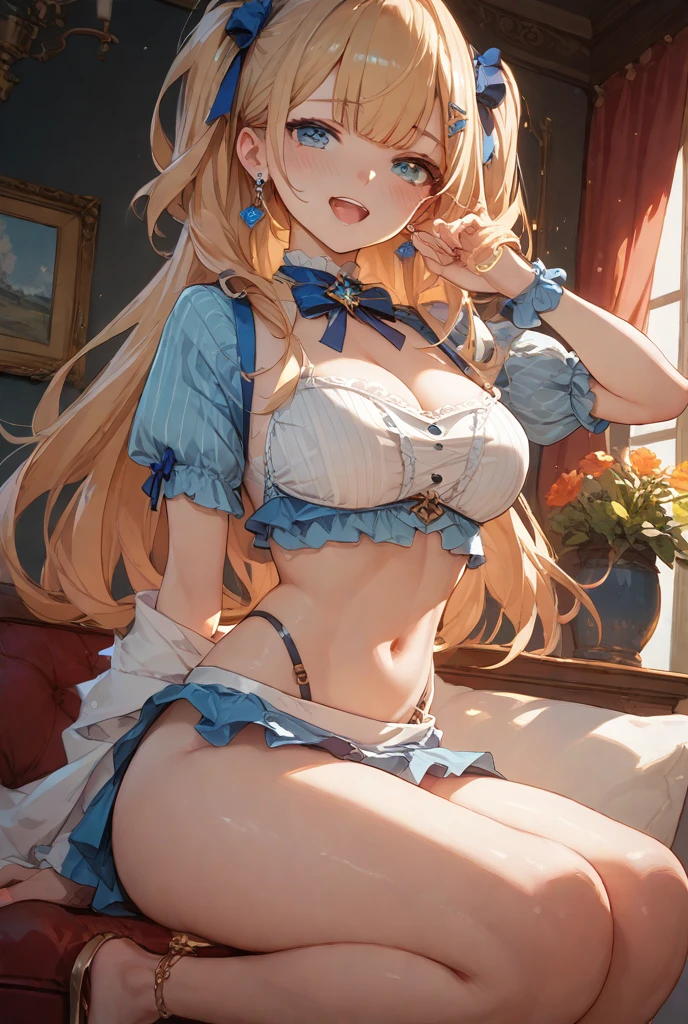 最high quality、Best image quality、masterpiece、With a girl((cute、16 years old、Best Bust、Medium Bust、Beautiful Blue Eyes、Spread your chest wide,Blonde、Slender、The best valley、Blue Tank Top、Blue trousers,Show the whole body、Blue Mesh,swim,smile))high quality、Beautiful art、background((summertime、large room、cooler、Fan、See-through curtains、White bed、A large number of books)),Tabletop、Exquisite design、Visual Arts、Depth of written boundary、Best lighting、Highest detail、8k