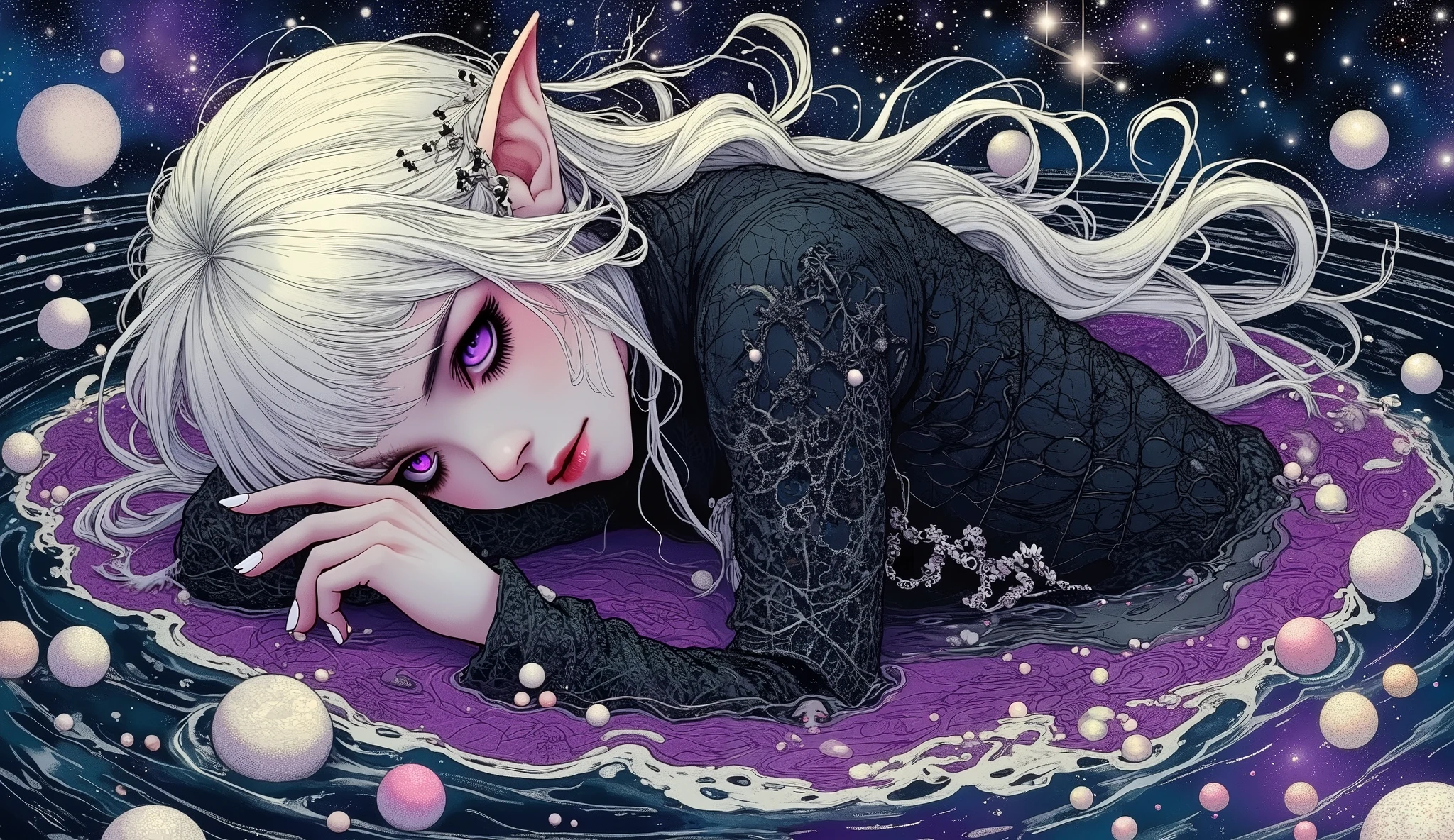 (A fusion of Ukiyo-e and dark fantasy. Aesthetic and gothic digital art. Draw a detailed face. Look away.) BREAK (Transparent white hair. Blunt bangs. White eyebrows. Long white eyelashes. Almond-shaped eyes. Lavender-colored eyes. Thick, dark eyeliner. Small pink lips. Slightly pointed ears. Dark purple skin. Thin limbs. Thin fingers. White nails. Draw one thumb and four fingers accurately.) BREAK (The scene is depicted from a diagonal perspective, looking down on a woman from above. The atmosphere is dark, mysterious, and solemn. A mysterious woman, dressed in a tight lace-up dress made of raven feathers sewn together in the style of a medieval Czech court, with black lace-up sandals, curls up like a fetus, closes her eyes, and sleeps, submerged in a liquid pool modeled after the Milky Way. The liquid contains countless stars and moons of the Milky Way, shimmering in seven colors and flowing and moving.)