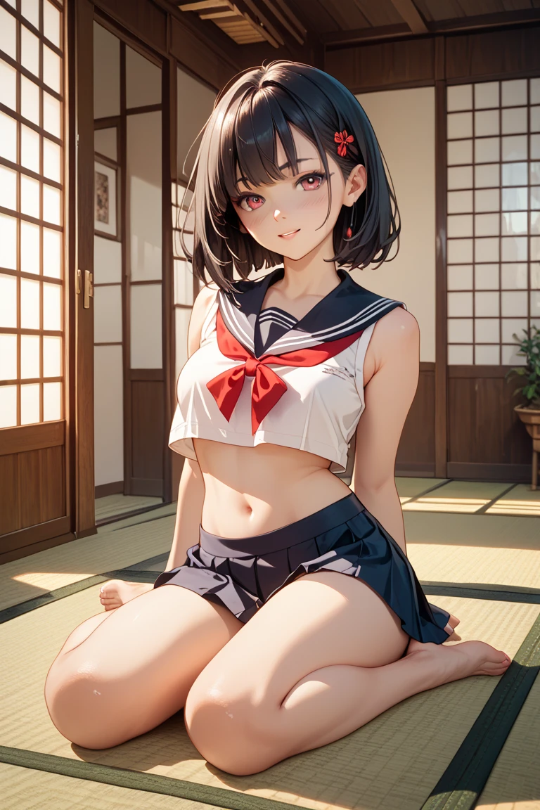 ((masterpiece,best quality)), highres, extremely detailed 8K wallpaper, depth_of_field, best shadow, (Colorful),(Delicate eyes and face), nice hand, Perfect hands, volumatic light, Ray tracing, BREAK
(1girl in), mogami \(kancolle\), black hair, short hair, black eyes / green eyes, swept bangs, small breasts, slender, skinny, open mouth, smile, blush, BREAK,
(wear white short length school uniform top:1.3), (sailor collar:1.5), (red tie:1.3), (Parted clothes at the top and bottom:1.2), (short sleeves:1.1), (white string panty:1.3), (bare navel), (under boob), (black lace stockings:1.2), High heels, BREAK,
Cowboy Shots, Looking at Viewer, stomach focus, bedroom, Ultra detailed backgrounds,