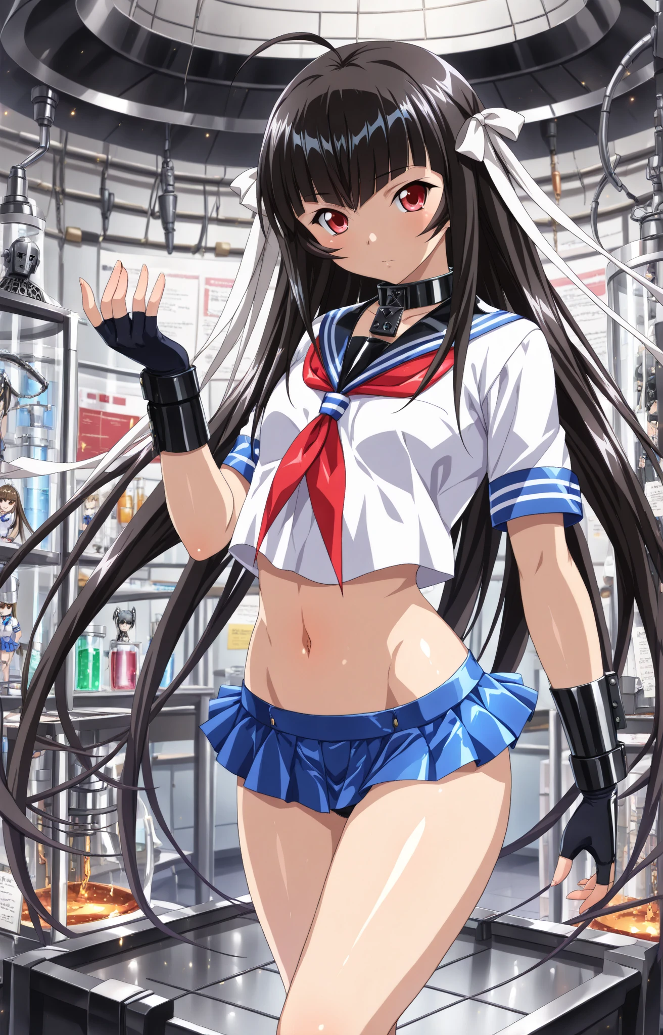masterpiece, best quality, highres, hmngnm, naganami \(kancolle\), multicolored hair, shimakaze (kancolle) (cosplay), crop top, sleeveless, blue sailor collar, black neckerchief, white gloves, blue skirt, microskirt, striped thighhighs, underwear, <lora:naganami_(kancolle)_v1:0.7>, (skift lift:1.2), thong, embarrassed,