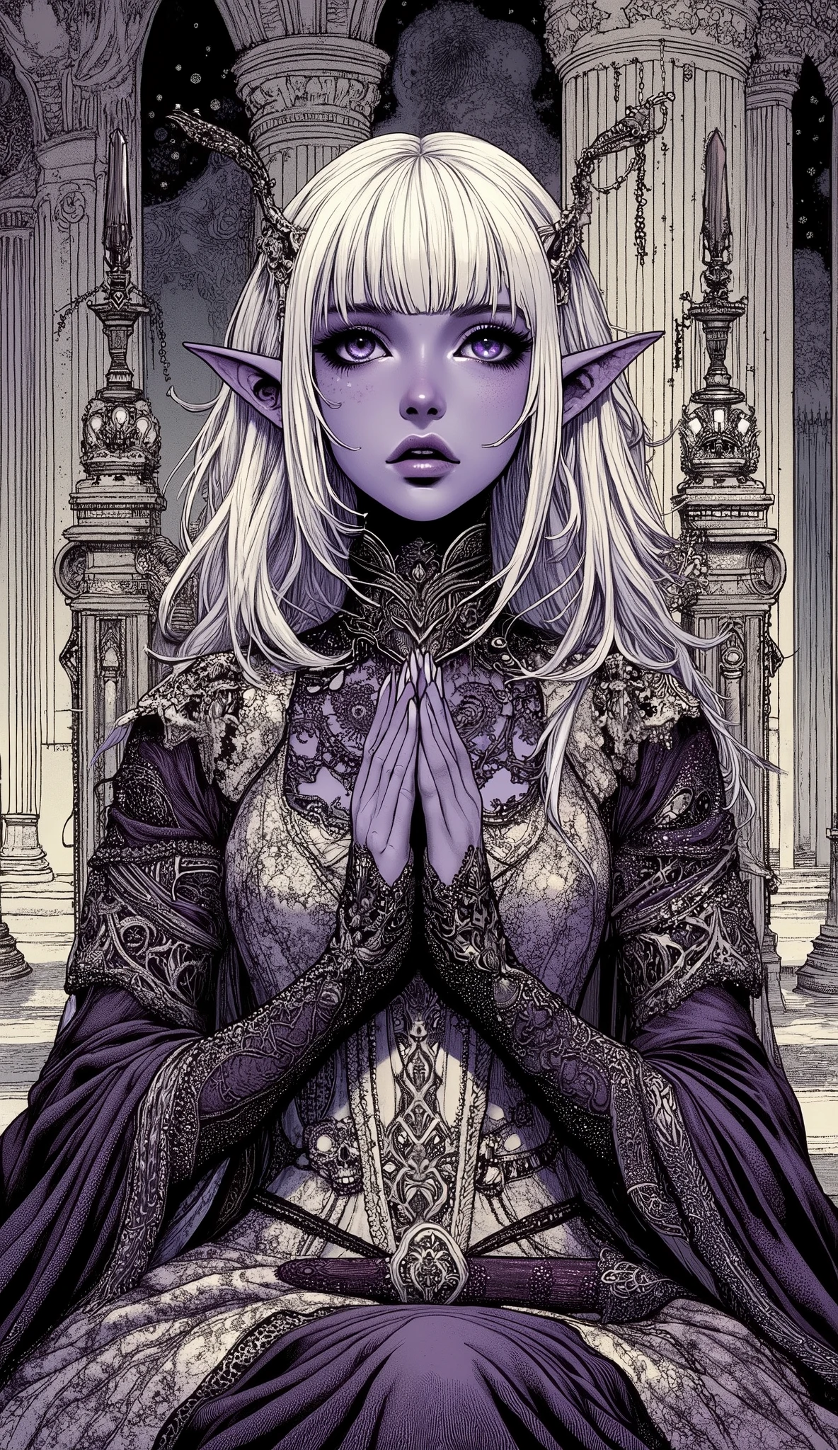 (A fusion of Ukiyo-e and dark fantasy. Aesthetic and gothic digital art. Draw a detailed face. Look away.) BREAK
(Transparent white hair. Blunt bangs. White eyebrows. Long white eyelashes. Almond-shaped eyes. Lavender-colored eyes. Thick, dark eyeliner. Small pink lips. Slightly pointed ears. Dark purple skin. Thin limbs. Thin fingers. White nails. Draw one thumb and four fingers accurately.) BREAK
(A dark elf priestess dressed in a luxurious lace-up dress in the style of a medieval Spanish court sits on the throne in the underground temple of an ancient city, gazing up at the lifeless giant god. A divine-slaying spear, still shrouded in a crimson-black aura, is deeply embedded in the giant god's chest. The female priestess offers a prayer to the giant god with a solemn expression. The scene depicts a desolate, barren atmosphere.)