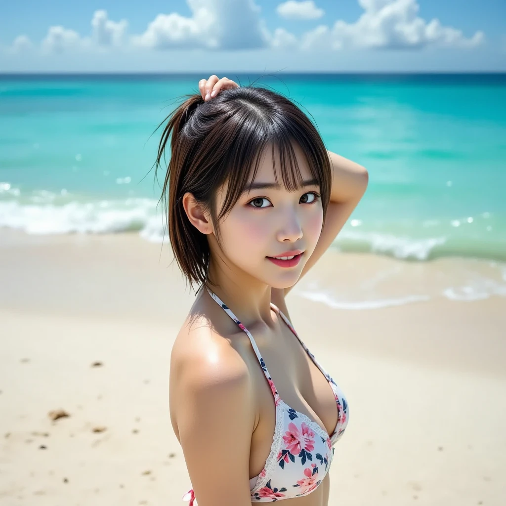 Sea view, Blake Background Only Rock Formation:1.6, Break Foreground only Sandy beach :1.6, evening, sunset, Ocean Waves, Water reflection, Anatomically completely correct:1.6, ((1 Japanese girl)),(( Very short bob cut:3,0)), blush, Shyly, 17 years old, Open the mouse a little, Showing off Slightly Swelled Lower Buttocks from ブーティーショーツ:1.2, Moderate ASS, (Floral Bikini), Beautiful ass, Brown Hair, Wet Hair, Hilarious:1.0, smile:1.0, Ecstasy:1.0, Dynamic Angle,, whole body, SFW:1.2, break , RAW Photos, Highest quality, masterpiece, Realistic, PhotoRealistic, Highly detailed 8k wallpaper, Beautiful and detailed eyes, Detailed painted face, High key lighting, Professional Lighting, Cinema Lighting, Side Lighting, Bokeh、((One person))、Palm tree、smile、