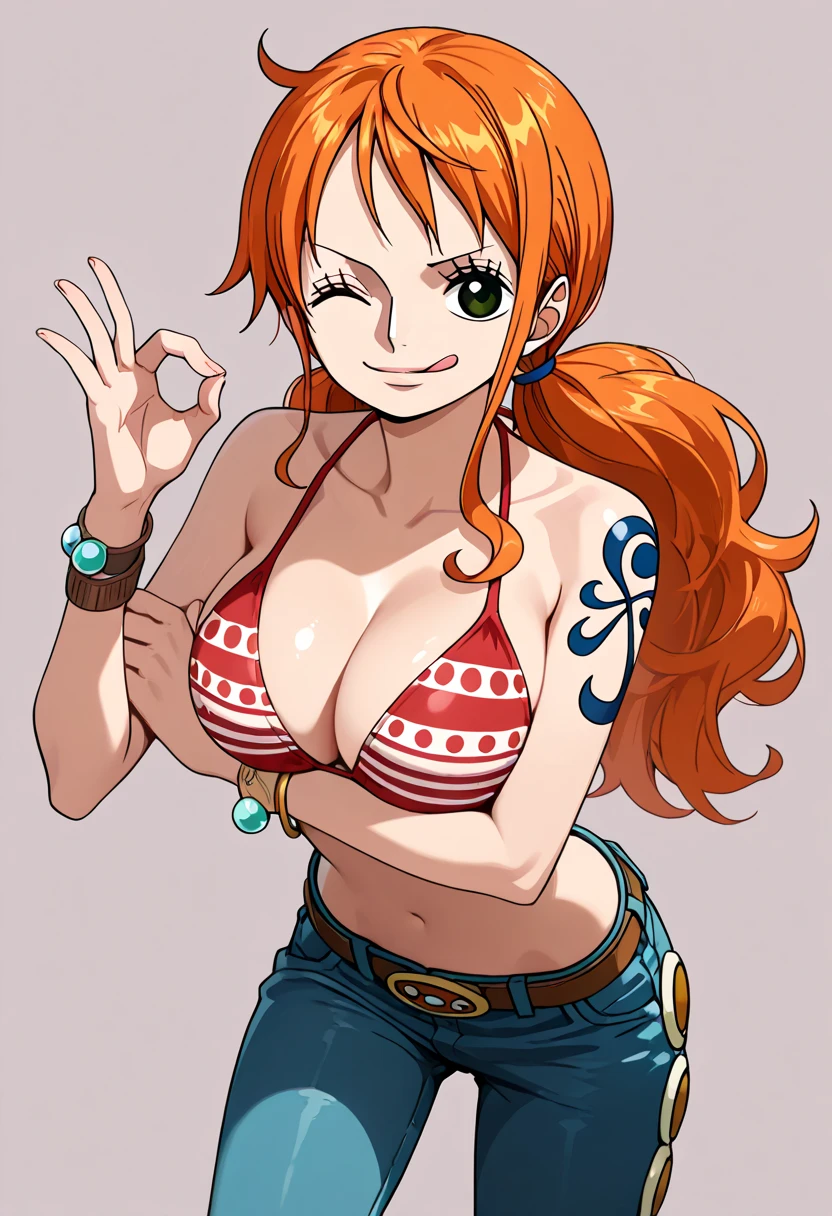 An Arafe woman wears a bikini top and red super miniskirt, nami one piece, uma obra-prima , Retrato bonito de Nami, nami from one piece,Nami em super minissaia vermelha, arte de anime digital detalhada, Cute Exirobat showing white pants, Muito detalhado Artgerm haha, deviantart artstation cgsscosiety, realistic red bikini, roupa de banho vermelha, fanart melhor artstation, Artgerm. alto detalhamento, seios grandes.