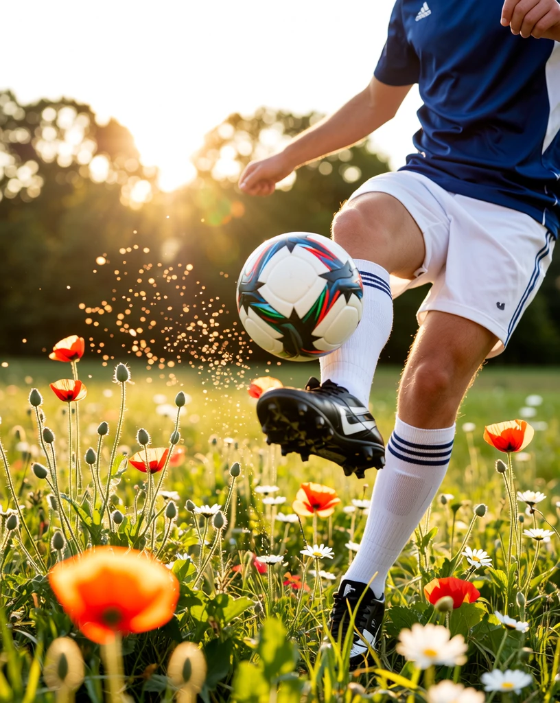 Photorealistic dynamic action shot of an adult soccer player performing a powerful kick in a sun-drenched wildflower meadow at golden hour: waist-high poppies, daisies and meadow grasses scatter petals and pollen into the air as the ball is frozen mid-flight, warm volumetric backlight and rim light outlining the athlete and ball, visible sweat and skin texture, realistic fabric motion and dirt on cleats, crisp motion-freeze with ultra-sharp detail on muscles, ball texture and airborne petals, low-angle telephoto perspective (70–200mm look) for subject isolation and compressed background, shallow-to-medium depth of field with creamy bokeh, 1/2000s, f/2.8, ISO 400, high dynamic range, RAW, 8k — editorial sports + nature fusion, emotional and eye-catching, realistic only, photographic realism.
