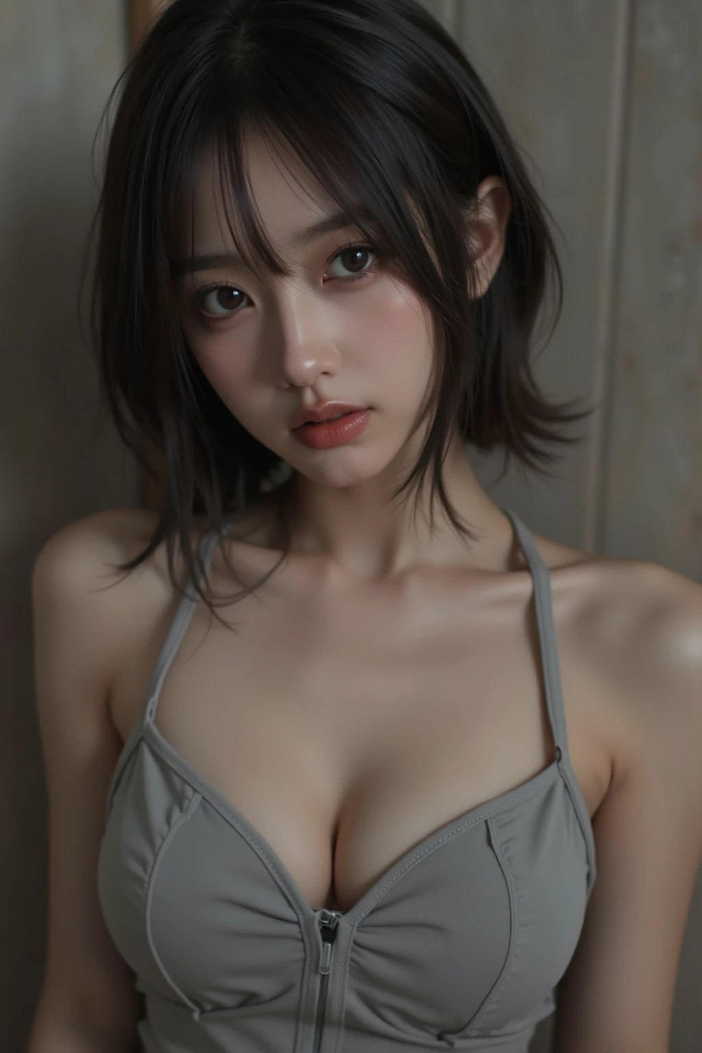 Fubuki from opm, realistic, age 28, pure white skin, green eyes, dark green bob hair, in black robes, exposing, cleavage, perfect face, perfect shape body, extra big stif breasts, wet skin, sweat skin, blush, big sweat drops on body, 3d, front side pose
