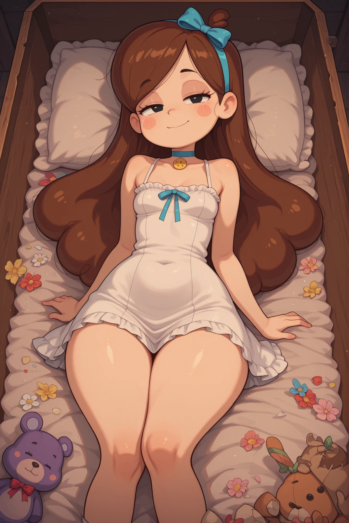 Mabel Pines, blush stickers, brown hair. black eyes. half-closed eyes, small breasts, huge hips. long eyelashes, choker. | Highest Quality、anime style、masterpiece、The girl God sleeps around the coffin、stuffed animals such as rabbits and bears line up and shed tears。stuffed animals offer prayers as if they were alive。The girl of God sleeps wearing a frilly white dress and a pale blue ribbon、The coffin is decorated with flowers and ribbons、cute