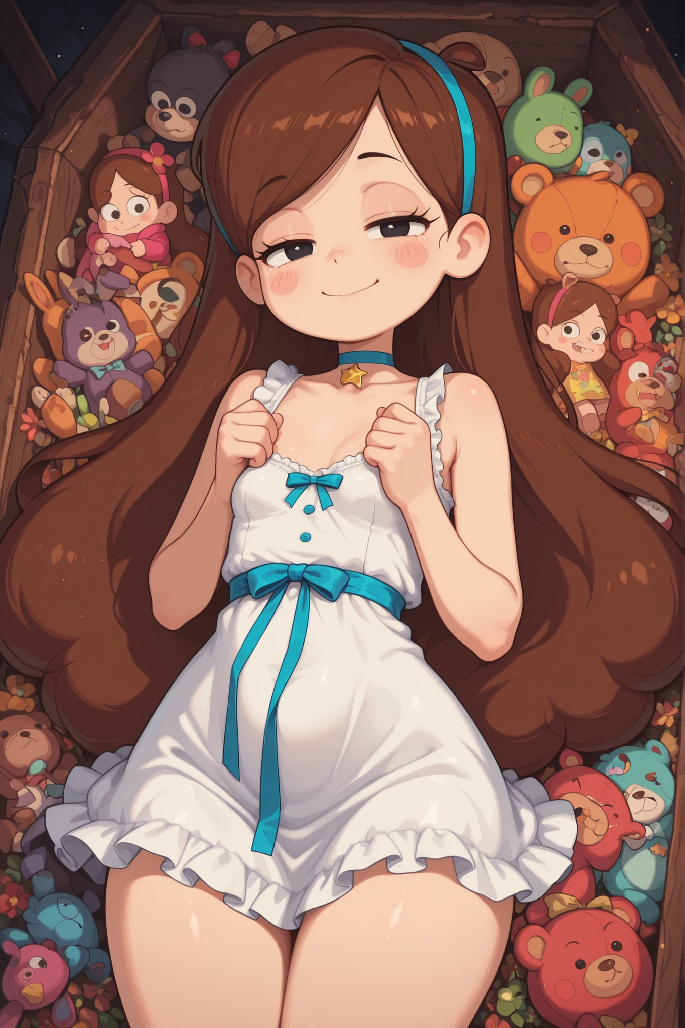 Mabel Pines, blush stickers, brown hair. black eyes. half-closed eyes, small breasts, huge hips. long eyelashes, choker. | Highest Quality、anime style、masterpiece、The girl God sleeps around the coffin、stuffed animals such as rabbits and bears line up and shed tears。stuffed animals offer prayers as if they were alive。The girl of God sleeps wearing a frilly white dress and a pale blue ribbon、The coffin is decorated with flowers and ribbons、cute