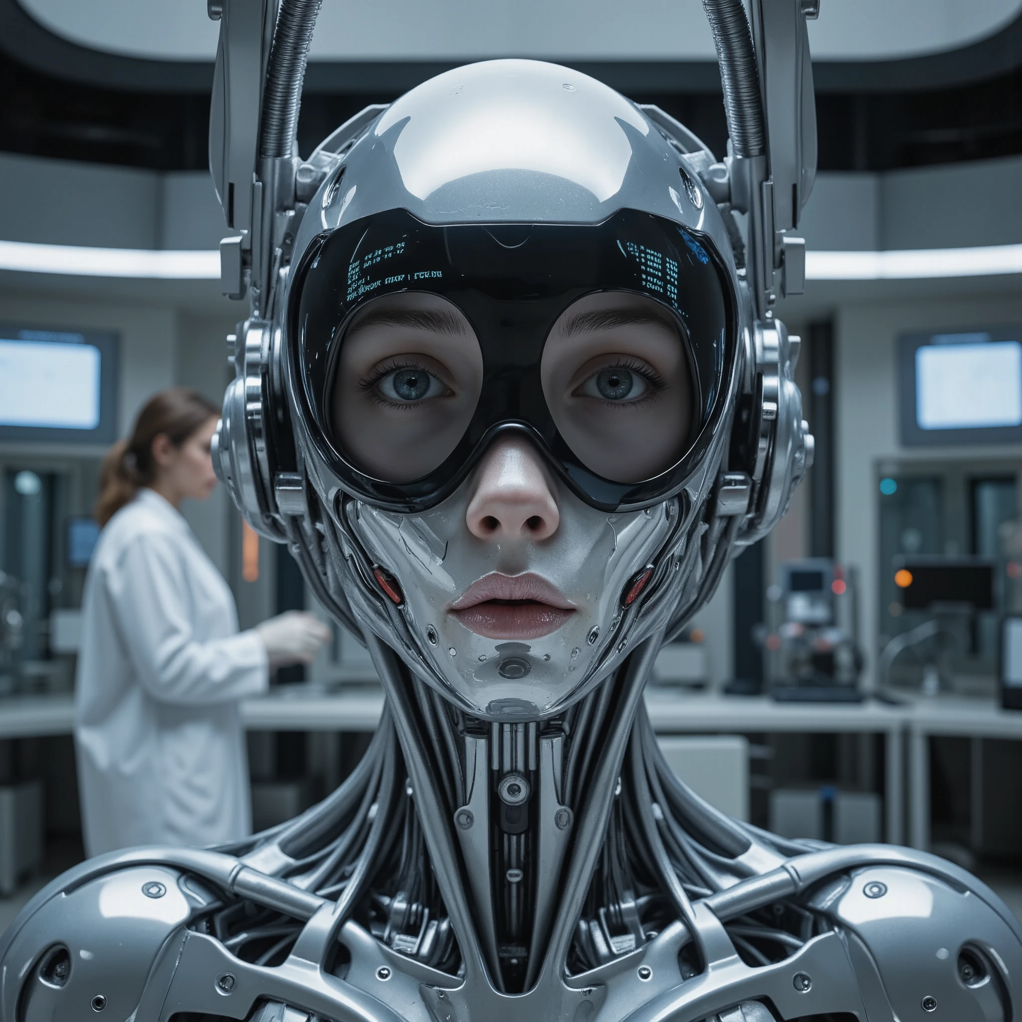 Masterpiece futuristic scene photo showcasing a humanoid figure with a highly reflective, metallic faceplate, emphasizing intricate details like embedded circuitry and expressive features. ((The character's large, expressive human eyes, reflecting their surprise or curiosity)) and giving a hint, that there is a human woman completely encased in the robotic shell. ((A dark glass visor with glowing datarows on is hold by mechanical arms above her face waiting to cover it and complete her transformation)). The background reveals a high-tech, sterile environment filled with advanced machinery and screens displaying data, adding depth to the narrative of human-robot interaction. The lighting is cool and clinical, with soft shadows enhancing the contours of the face, creating a sense of drama and tension. The overall color palette consists of silver, gray, and subtle hints of blue, invoking a modern, tech-centric aesthetic that resonates with themes of artificial intelligence and futurism. The composition focuses on the character's face, with a tight framing that draws the viewer's attention to their expression and the surrounding apparatus, while a blurred figure in the background hints at a female scientist or operator engaged in the process. This blend of realism and futuristic design captures the mood of intrigue and ethical questions surrounding technology and humanity. Hyper detailed, photorealistic, UHD, 16K