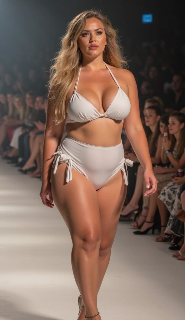 a woman in a bikini walks down a runway wearing a jacket, revealing outfit, very sexy outfit, sexy look, she has a jiggly fat round belly, sexy outfit, curvy hourglass figure, sexy body, thicc, exposed thighs!!!, her hand is on her waist, her belly button is exposed, curvy accentuated booty, sexy hot body,transparent organza lingerie