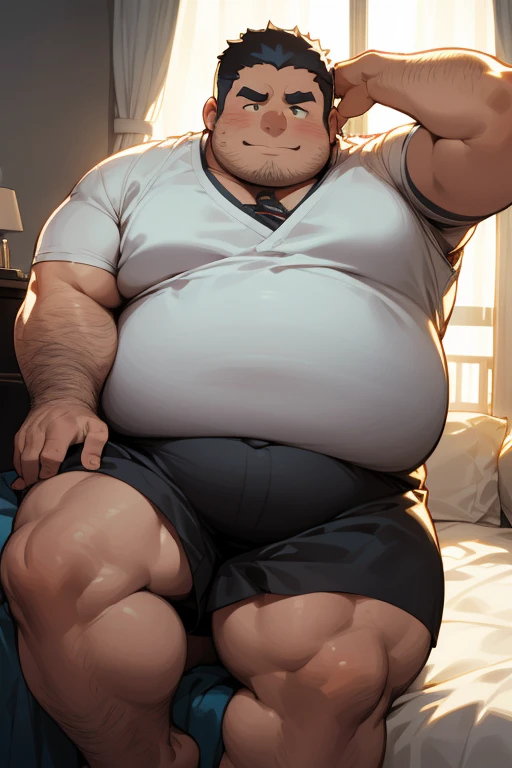 masterpiece,top-quality, 8k, Japanese nursery school, A fat man sits on the bed and spreads his legs in an M shape., Spread legs, nerdy, short legs, Bowleg, Bare legs, Shirtless, Wear white laces, Shy, Fat Man, Glasses, Black-haired man, Man with big face, Round face, Sweating