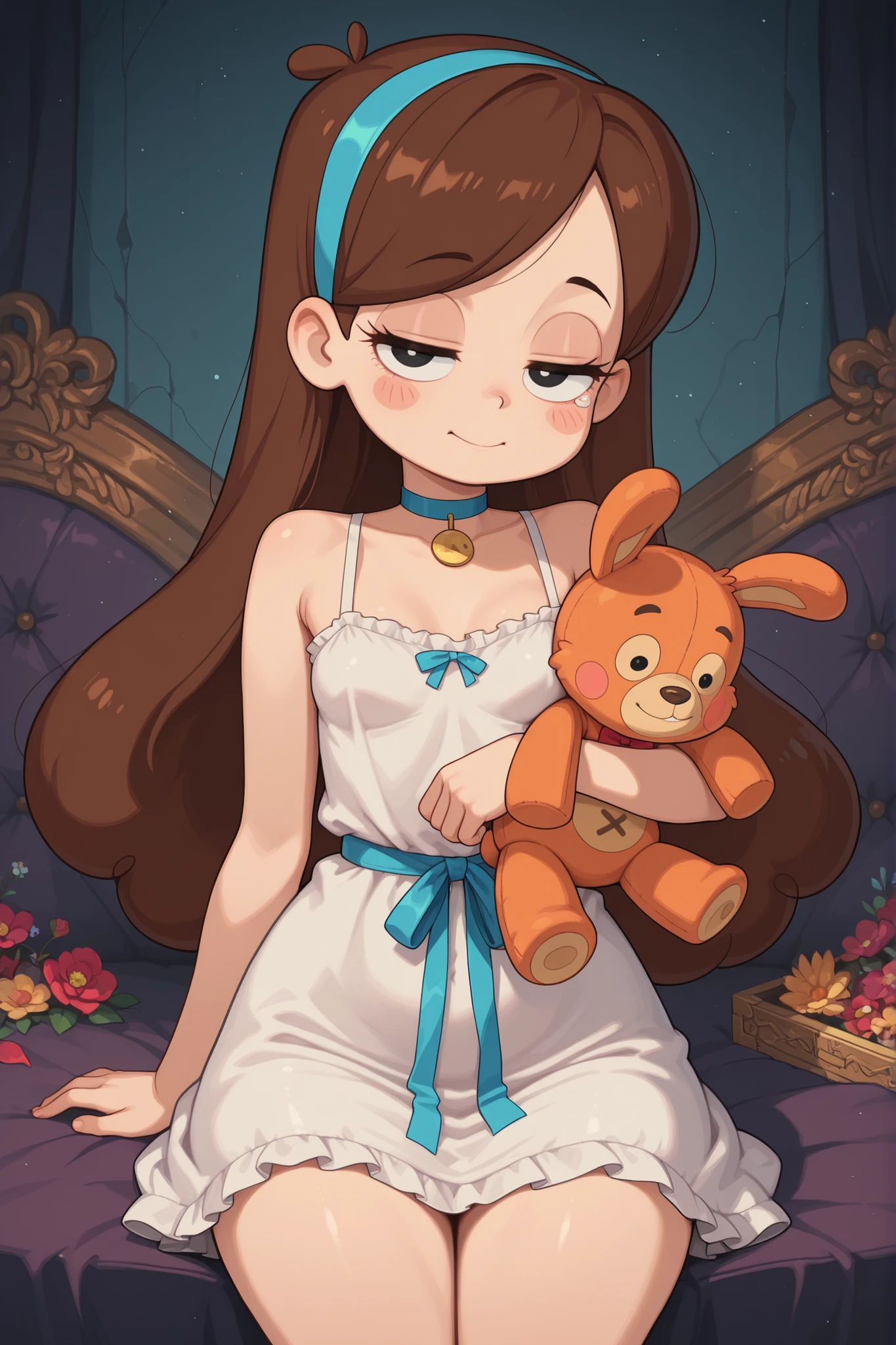 Mabel Pines, blush stickers, brown hair. black eyes. half-closed eyes, small breasts, huge hips. long eyelashes, choker. | Highest Quality、anime style、masterpiece、The girl God sleeps around the coffin、stuffed animals such as rabbits and bears line up and shed tears。stuffed animals offer prayers as if they were alive。The girl of God sleeps wearing a frilly white dress and a pale blue ribbon、The coffin is decorated with flowers and ribbons、cute