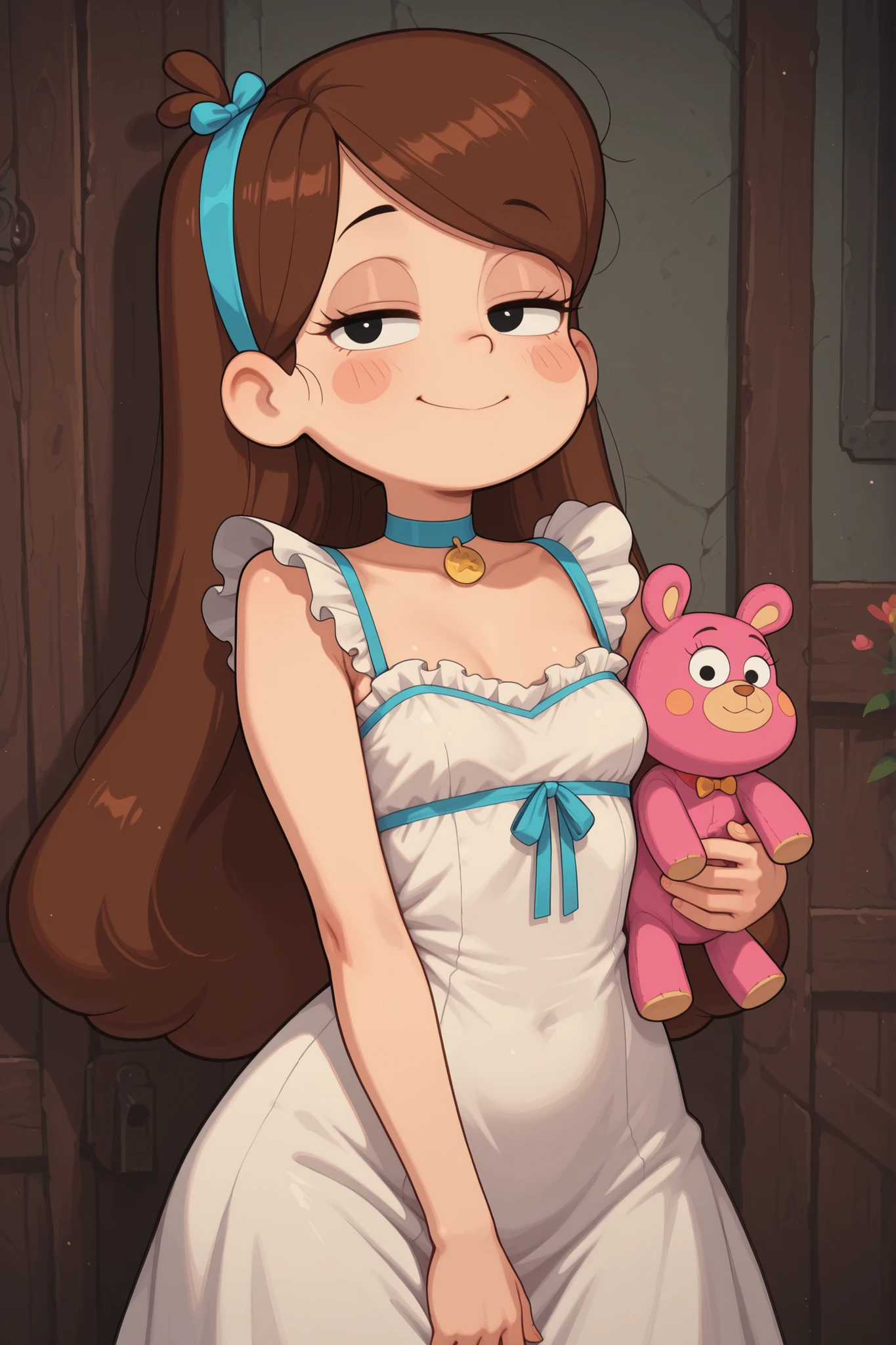 Mabel Pines, blush stickers, brown hair. black eyes. half-closed eyes, small breasts, huge hips. long eyelashes, choker. | Highest Quality、anime style、masterpiece、The girl God sleeps around the coffin、stuffed animals such as rabbits and bears line up and shed tears。stuffed animals offer prayers as if they were alive。The girl of God sleeps wearing a frilly white dress and a pale blue ribbon、The coffin is decorated with flowers and ribbons、cute