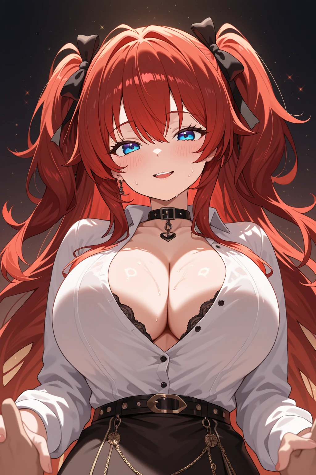 Highest quality, masterpiece , wallpaper, One beautiful girl, Highly detailed eyes and face, Beautiful attention to detail, Blue Eyes , Beautiful dark red hair ,crisp finger, clear background, deep night, 20-year-old , Large Breasts、Nipples , Hairstyle Nuance Long , Mole on cheek , Ahegao , Ecstasy face , Melted face , Sticking out tongue , Drooling from the mouth , Nakano May , sweating a lot , Costume Dress , show off your vagina , Pose to invite men , no bra no pants , Mouth very wide open , Expression of sigh