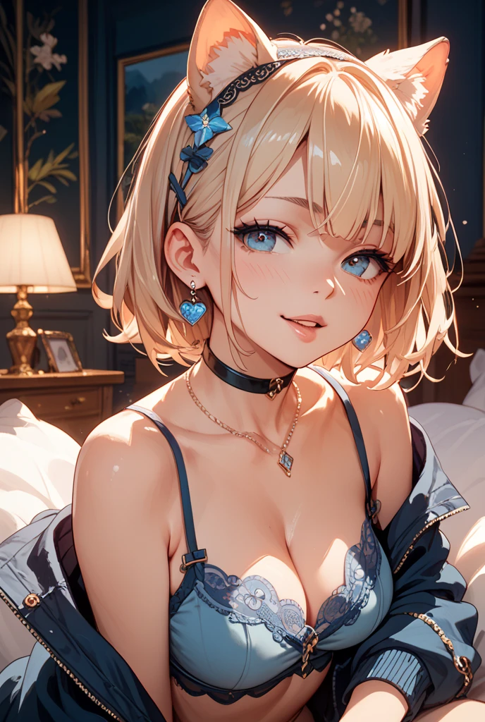 Absurd, Ultra-detailed,Bright colors, Very beautiful and detailed anime faces and eyes, View from the front, ;is, Shiny_skin,Age 25, (Lace sleeveless lift:1.6),(Fashionable bras:1.5) ,short hair,(Palace Bedroom) , Asymmetrical bangs, Blonde hair in short pigtails, Shiny Hair, iselicate beautiful face, blush、(iseep Blue Eyes:1.3), White skin, Barrette, Earrings, necklace, Brown clothes, Beautiful Clouds, isusk sky,