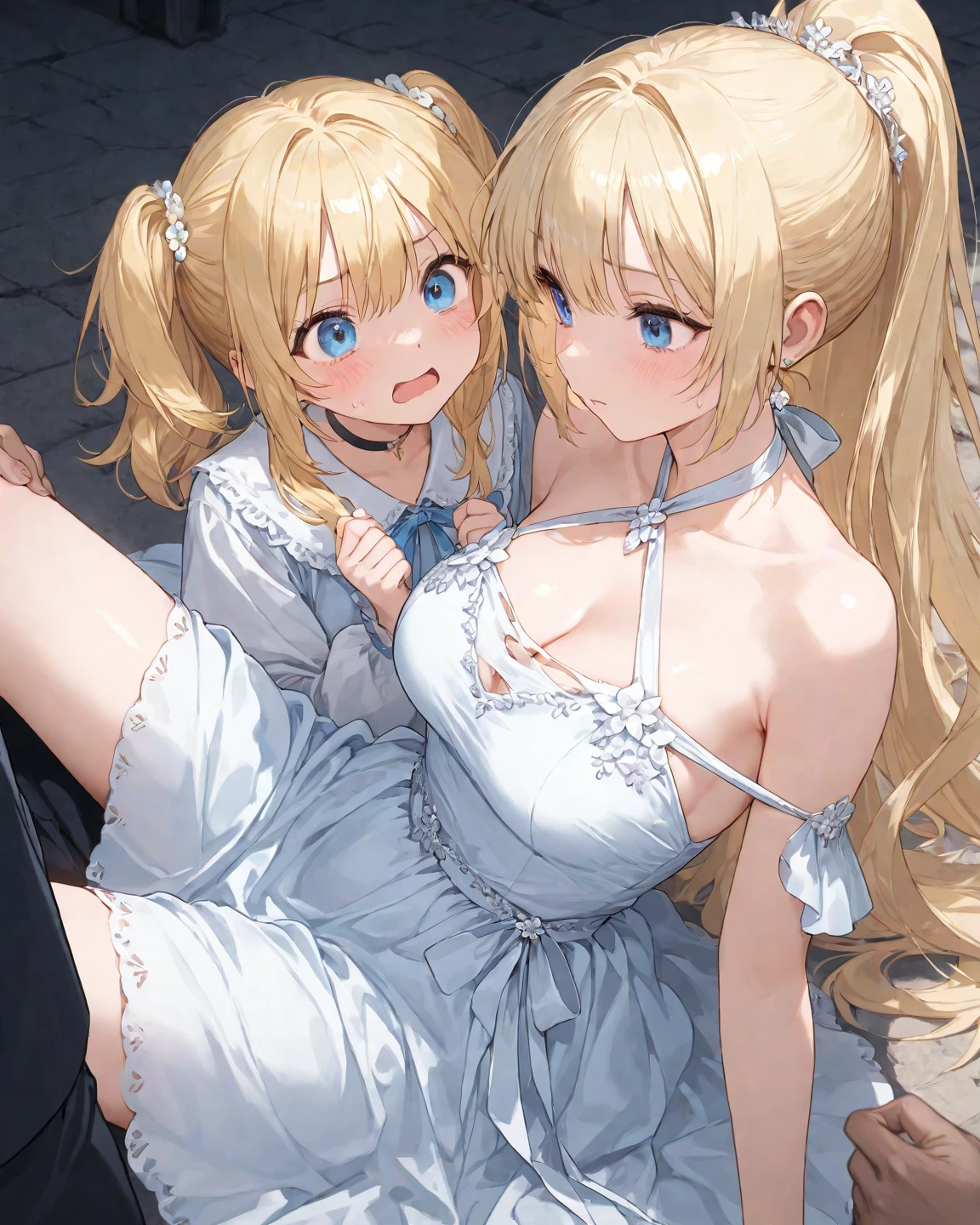 ((highest quality、High resolution、masterpiece))、(((2girls))), Portrait、(10Year old beautiful girl)、Perfect body、Beautiful breasts、Nipples、Long blonde、bangs、Blue and white、Embellished blue sexy dress、No panties、Embarrassed、(((Show your)))、Love juice