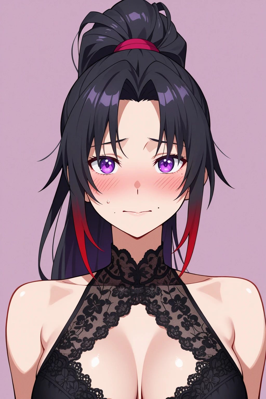 ((masterpiece)), ((ultra-detailed)), ((best quality)), ((intricate details)), ((chromatic aberration)), 1girl, long hair, disheveled hair, hair between eyes, shy, small breasts, makeup, black eyeliner, looking at viewer, black hair ,yellow eyes, dress,black hair, purple eyes, light smile,