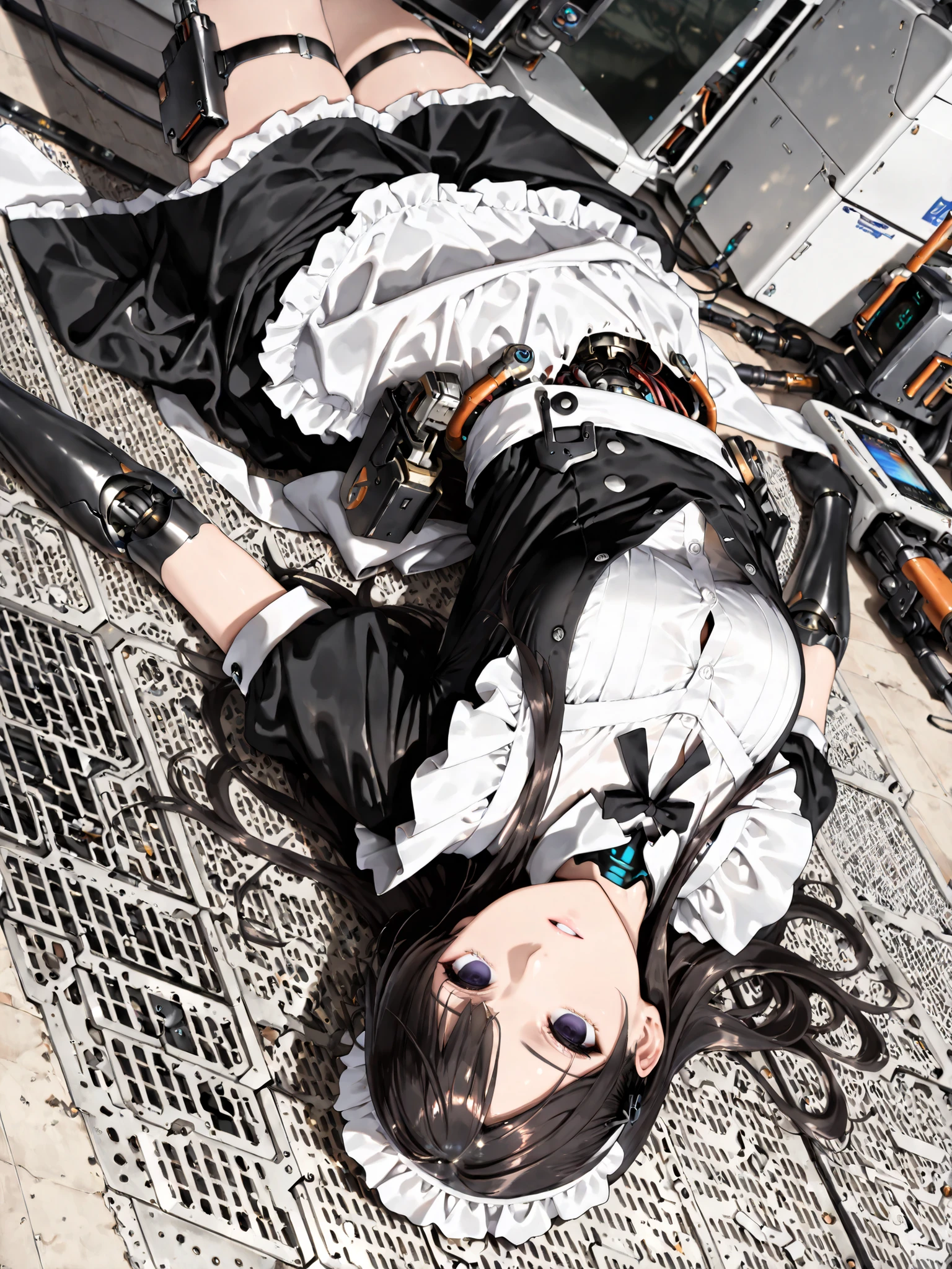 (((masterpiece))), (photo real, realism texture), (top Quality, High Quality:1.3), (top resolution, high resolution), ultra detailed, (high detailed), science fiction, beautiful robot girl, Silky smooth face, white cheek, empty eyes, realism glossy mouth, black long hair, (woman is dressed in unbuttoned maid uniform:1.2), frame of perfect machine, robot limbs, robot joint, computer parts, machine parts), Dutch angle, (Mechanical Gun Holster:1.3), robot torso, cowboy shot, (junk yard:1.3), (broken robot lying in scrap of iron), (from frontal), (upside down)