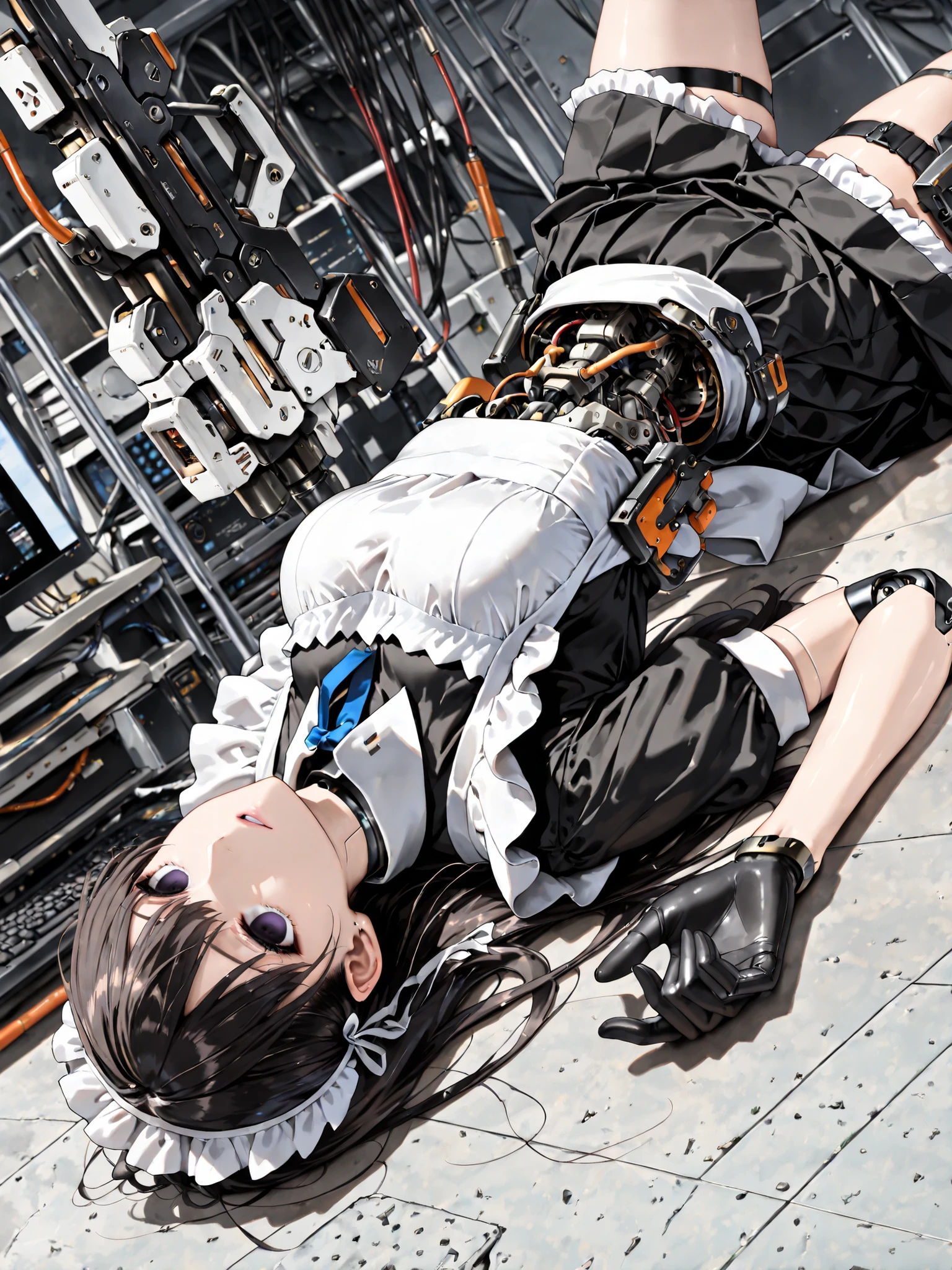 (((masterpiece))), (photo real, realism texture), (top Quality, High Quality:1.3), (top resolution, high resolution), ultra detailed, (high detailed), science fiction, beautiful robot girl, Silky smooth face, white cheek, empty eyes, realism glossy mouth, black long hair, (woman that looks like a maid:1.2), frame of perfect machine, robot limbs, robot joint, computer parts, machine parts), Dutch angle, (Mechanical Gun Holster:1.3), robot torso, cowboy shot, (junk yard:1.3), (broken robot lying in scrap of iron), (from frontal), (upside down)