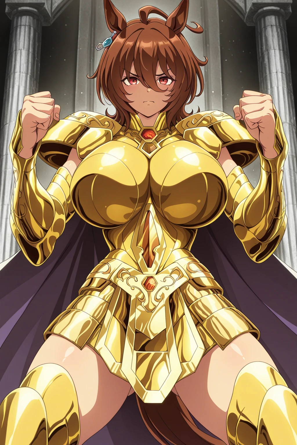 Gold Armor, 4K image, rallies, best quality, masterpiece, movie lighting ,Sexy,Large Breasts,Cleavage,action,In battle,cleavage,anger,noble,Light beams from hands,Golden lightning all around,red hair,ponytail hairstyle,Saint Seiya Leo Aiolia,Wink,lipstick