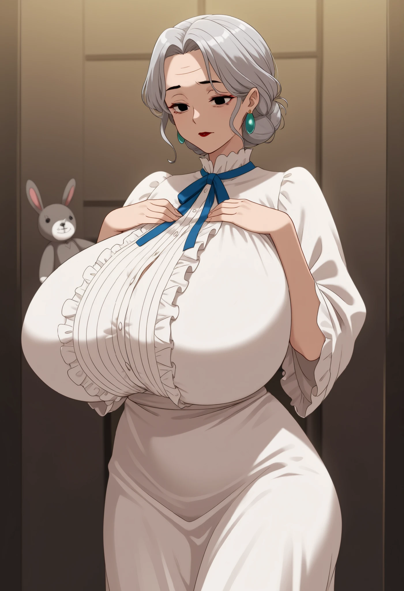 Grandma. gray hair, black eyes, short hair, dark red lips, wrinkles, earrings, makeup, gigantic breasts, saggy breasts, cowboy shot, Highest Quality、anime style、masterpiece、The girl God sleeps around the coffin、stuffed animals such as rabbits and bears line up and shed tears。stuffed animals offer prayers as if they were alive。The girl of God sleeps wearing a frilly white dress and a pale blue ribbon、The coffin is decorated with flowers and ribbons、cute