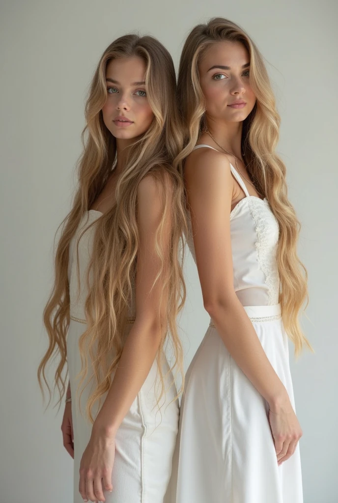 (Full body shot of three identical twins :1.3) (Photograph three people in the same pose from the front:2.0) (The three of them look like clones.., Wear the same clothes、Take the same pose Physically identical) (Pure white wall background:1.8. Upper body photo from the knees up) ((Random poses showing off as much back and hair as possible:1.5)) ((Beautiful model with long blonde hair, girl with super length Hair, extremely length Hair, extra length Hair, very long, Flowing Hair, very length Hair, length Hair girl, very long, Flowing blonde hair, length Hair windy, very longBlonde Hair, length, Flowing Hair, length and or curly hair, with length Hair, length Hair!!!! Her highest quality hair is long and 真っ直ぐ or curly hair very long, best quality blonde, length hair in the center, Highest quality long Straight or curly hair, length, Straight or curly hair, beautiful, High quality blonde hair, length and Blonde Hair highest quality Straight or curly hair, length Hair, length and Straight or curly hair, highest quality Blonde Hair, Perfect silky Straight or curly hair of the highest quality, Straight or curly hair, highest quality Blonde Hair, length Blonde Hair Straight or curly hair, length, Light blonde hair Her hair is long and Straight or curly hair, very longBlonde Hair, length hair in the center, length Straight or curly hair, length, Straight or curly hair, beautiful hair of the highest quality, length Hair, length, Straight or curly hair Blonde Hair , length and free Straight or curly hair Blonde Hair, Straight or curly hair Blonde Hair)) (Her bangs are perfect.:1.3) (France's most beautiful 24-year-old hair model) ((highest quality)), ((masterpiece)), (Familiar) (Get used to it) Perfect Face (Her skin is a typical French complexion...、And very detailed) () (She is wearing a light blue skirt and a white blouse.......) (She has a beautiful French face and a typical French figure...., Narrow eyes) (She has perfect beautiful makeup and face Lipstick is light red A solid eyeliner) ((Rich 1.4)) (Extremely detailed 8K) (Ultra-fine skin texture 1.4) (Actual, Vibrant:1.4), double eyelid Sharp focus:1.2、Beautiful woman:1.4 Dynamic Lighting (Genuine RAW photos taken by professional photographers) (Her long bangs、Well Organized) Professionally lit from the front (She has a bright and cheerful face)