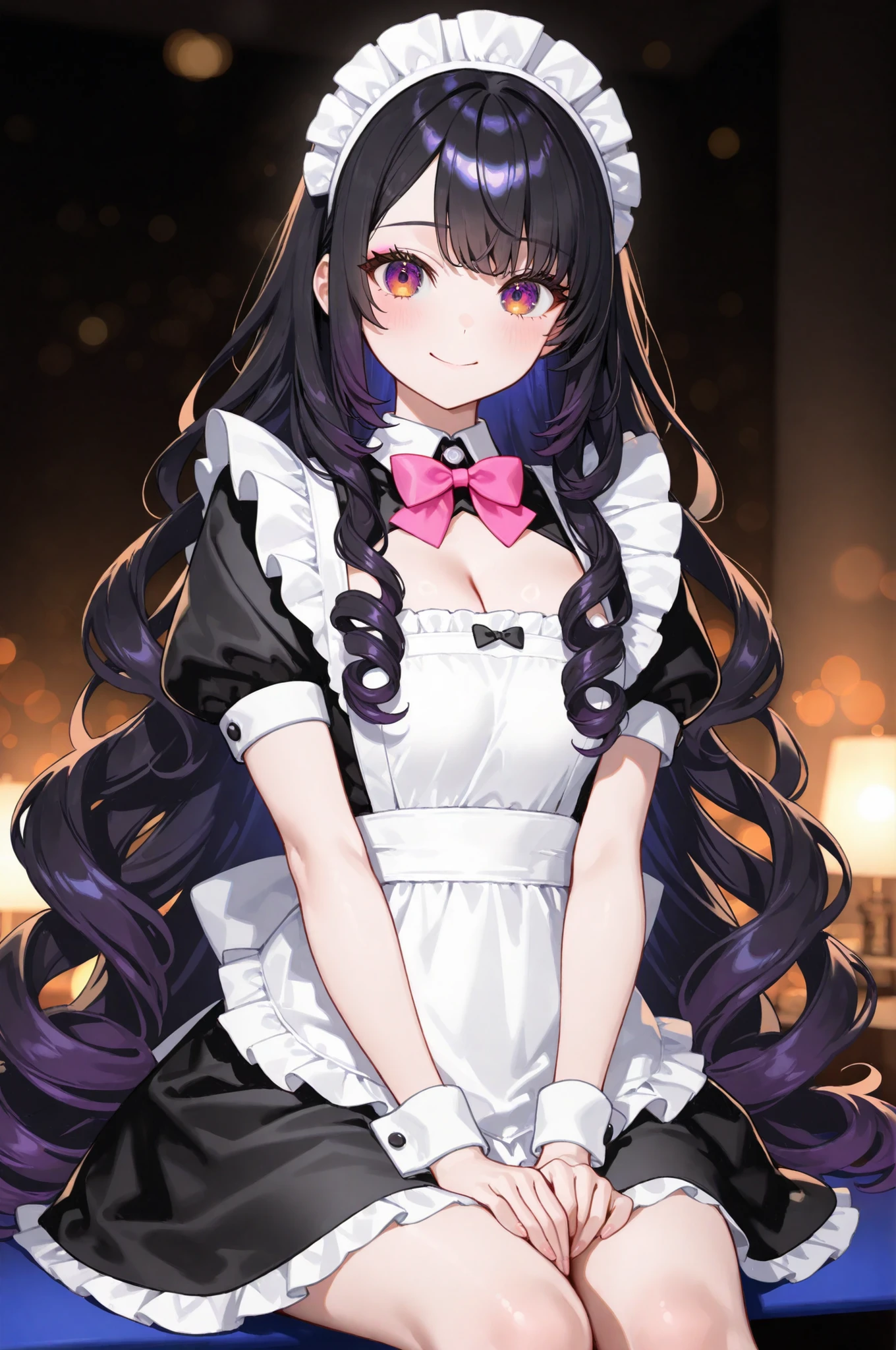 1 Girl、Are kawaii maid、Japanese Women、beautiful skin、long curly hair、big eyes、small mouth、sitting, Elegant and delicate、Wearing maid uniform、the hem of the skirt extends long、Accessories are ruffles and bow ties、The background is a maid cafe、the light is soft and bright、High Quality、Realistic、8K、professional、Details Extreme、Vivid Color、Bokeh, Pro model cover photo, delicate touch, Studio Lighting,