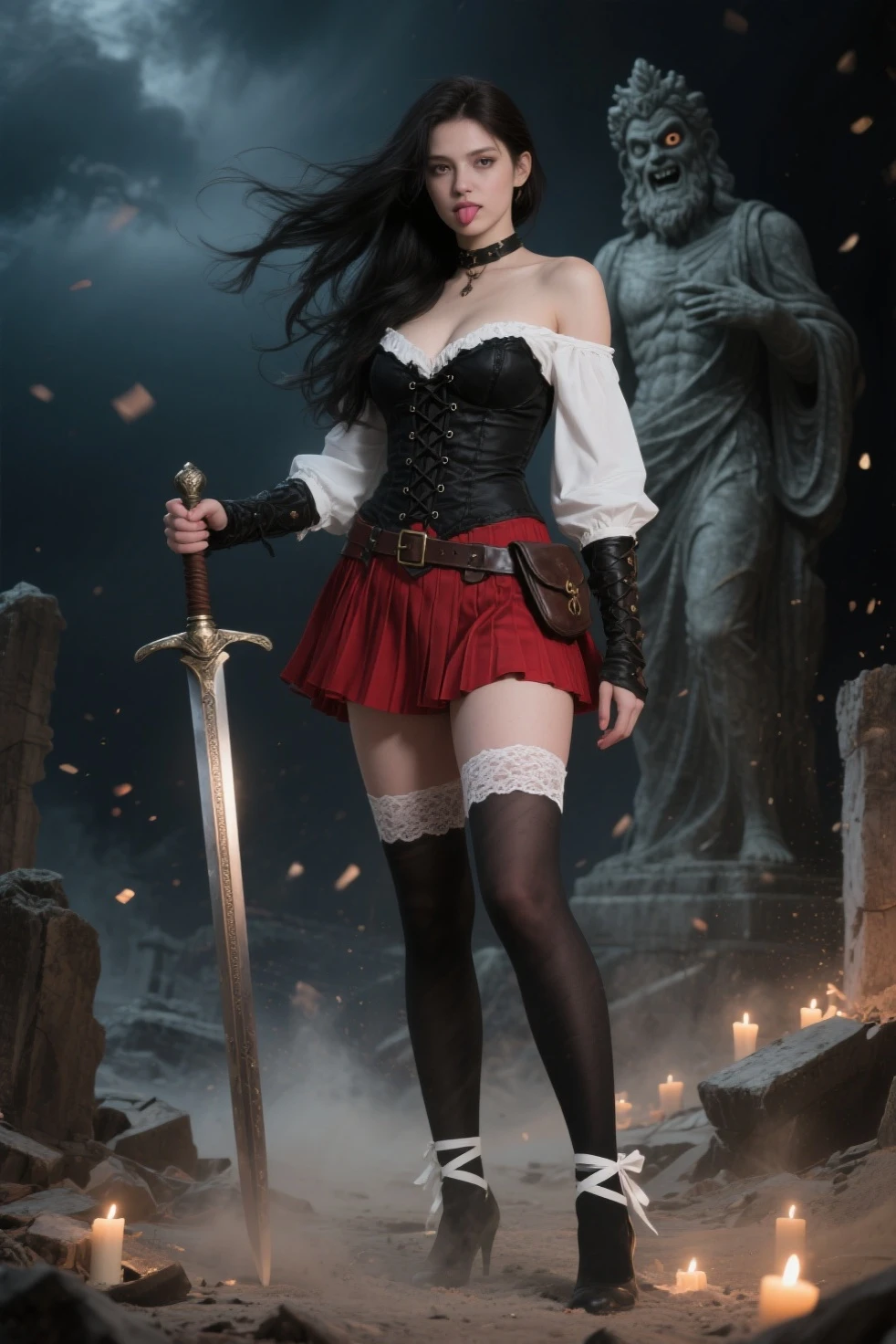 Goth,, menina, Armadura oriental,4k, cabelos negros com mechas vermelha