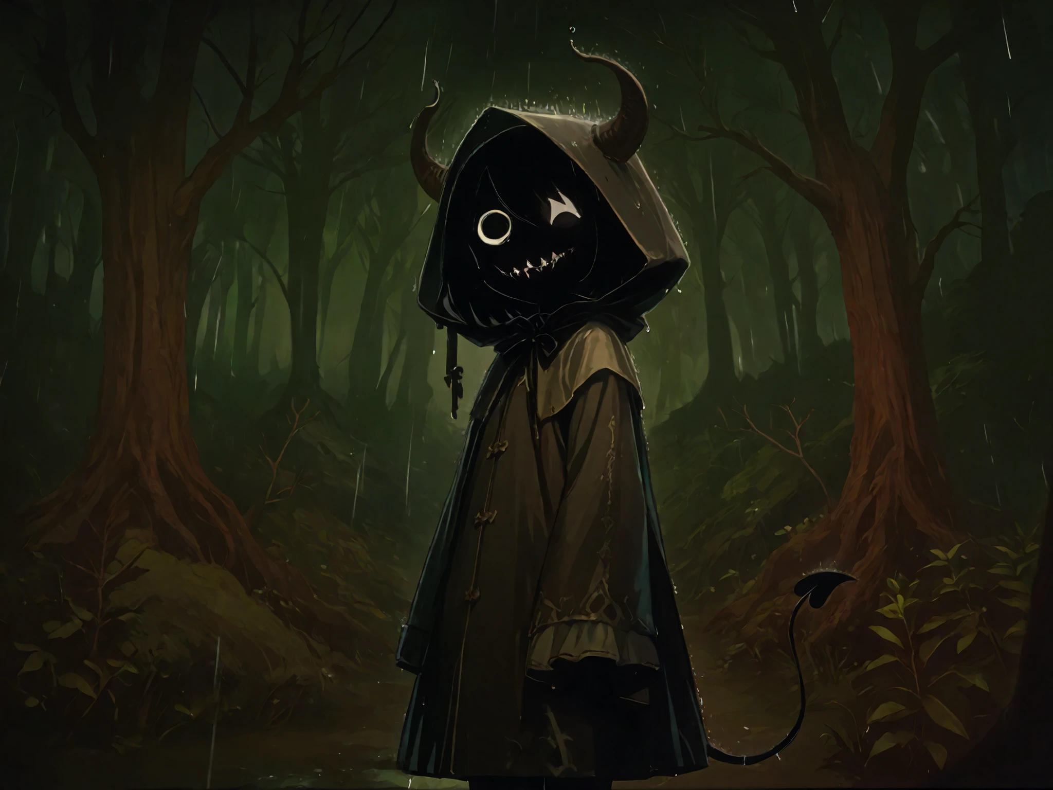 quality\(masterpiece, detailed, highest quality, Ultra High Quality, 64k, great score, very aesthetic, high resolution, ultra-detailed, absurdres, newest, scenery, fairytale, dreamlike\),
BREAK.
dark and mysterious fairytale forest, painted illustration style twisted trees with long, gnarled branches stretch across the scene, ground covered with dense plants, moss,
narrow winding path leads into the misty distance. eerie atmosphere forest, enchanted,
Gray sooty mysterious forest, dark background, (rain), mysterious atmosphere background, nun,
BREAK.
vignette effect, theatrical, like a setting for a puppet show or storybook, cute horror fantasy, funny horror effects, picture-book style, ren-book style,  cowboy shot, shallow depth of field, night atmosphere, 23:00, perspective, ((detailed lighting)), (dark lighting:1.8), mid night, rim lighting, ((sharp focus)),
