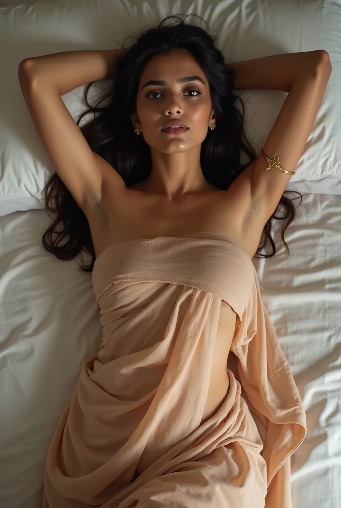 Nude ultrarealistic hires nude photo of a 30-year-old sai pallavi,topless ,nipple show , bottom less,pussy show,in bed sleeping back side,top view angle , spreading legs,realistic skin texture