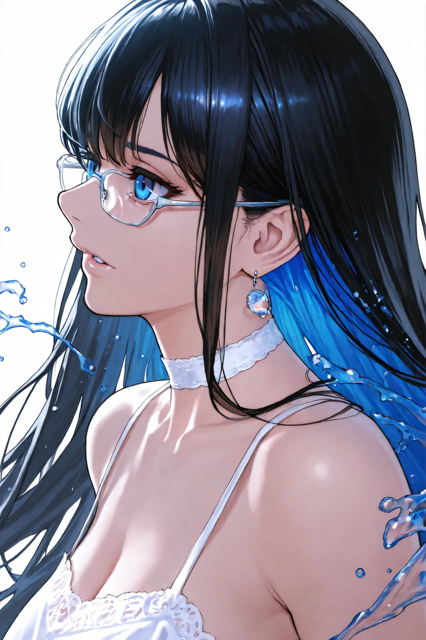 8K Wallpaper, masterpiece, Movie Lighting, Highest Quality, Painted in Louis Royo style , dramatic angle, ((Color: 1.1)), ((Color inner hair: 1.4)), 1 girl, Alone, long hair, water, blue eyes, black-rimmed glasses, choker, broken lips, white choker, Liquid Hair , black hair, bang, from side, side, upper body, simple background, 灰Colorの背景, My shoulders are stretched, portrait , Stares at the Audience , white dress, hair between the eyebrows, white background, earrings,