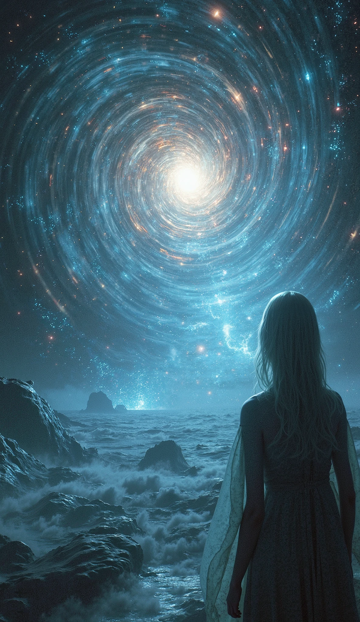 pristine beach at night with a bioluminescent and crystalline sea, viewed from a high vantage point. Sky: Majestic swirling galaxy forming a giant, detailed eye with vibrant colors reflecting on the water below. Bioluminescent and crystal-clear, with small waves crashing onto the sandy beach. Vivid reflections of the cosmic eye and starry sky on the water's surface. Intricate details in the waves' glow. Blonde woman with long flowing hair, wearing a floating,  resembling swirling patterns of Aurora Borealis. She stands in contemplation. Bioluminescent waves crashing onto a sandy beach at night, enchanting scene with vivid colors and gentle movement, A mesmerizing scene unfolds before your eyes as you gaze upon a hypnotic eye blending into a star-studded sky, dotted with nebulae and cosmic dust. intricate details in the waves' glow and shoreline, dreamy surrealism captured with high-resolution quality, cinematic aesthetic, raw capture of the ethereal moment with a touch of fantasy, beachscape illuminated in an otherworldly light, painterly tones and brush strokes in an oil painting style, shot with a Fujifilm XT3 and Plaubel Makina
