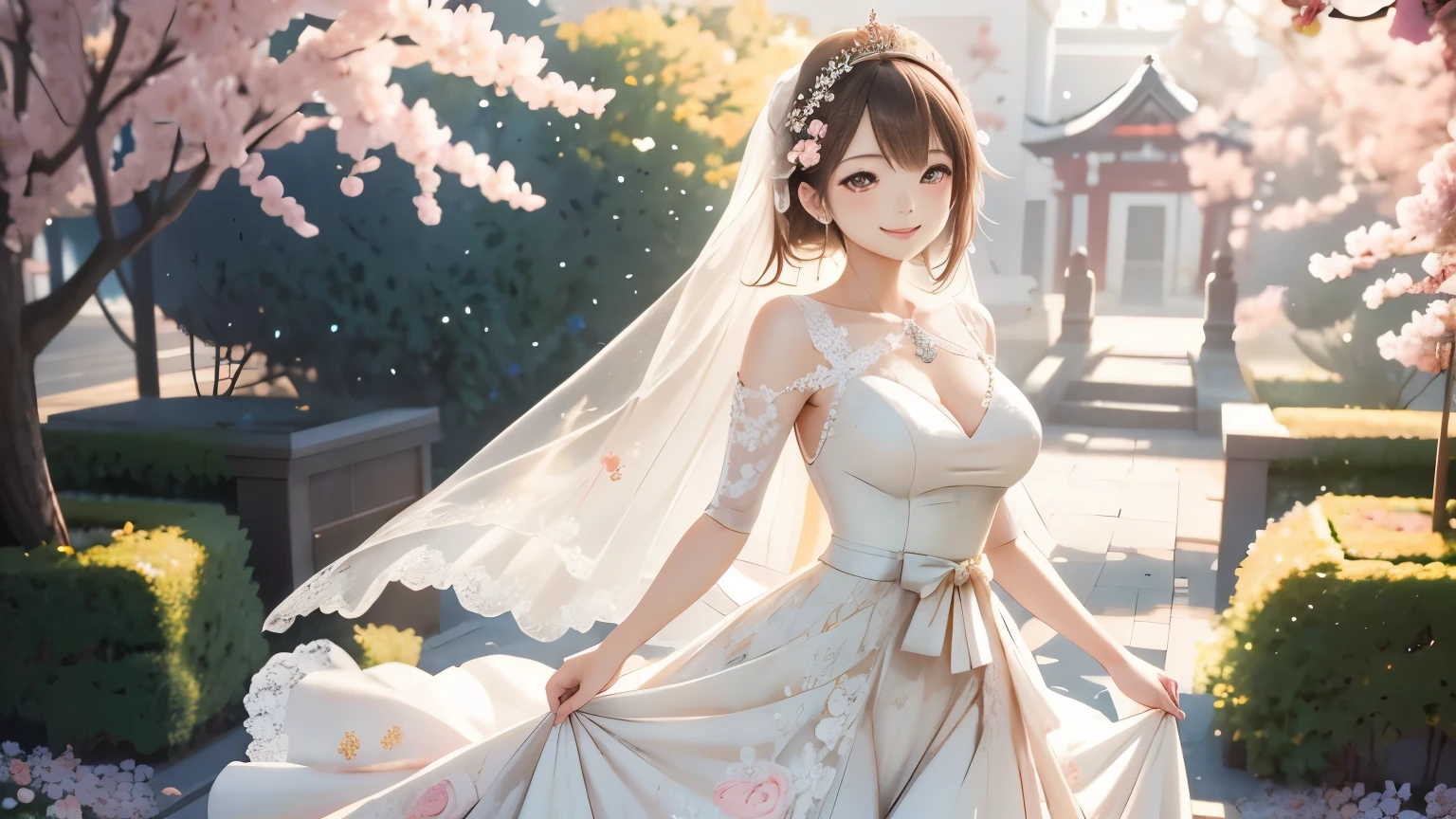 (masterpiece:1.3), (best quality:1.3), (ultra high res:1.2), 1girl, (beautiful young Japanese woman:1.3), (cute and elegant:1.25), wearing a (luxurious princess-line wedding dress:1.3), (soft pastel colors:1.2), (intricate lace and floral embroidery:1.25), (flowing skirt:1.2), standing gracefully in an (outdoor garden full of blooming flowers:1.3), (gentle sunlight:1.25), (soft breeze making her hair and dress sway:1.2), holding the skirt slightly with one hand, giving a (warm and gentle smile:1.3), natural and relaxed pose, (cinematic composition:1.2), (bokeh background:1.25), (dreamy and romantic atmosphere:1.25)