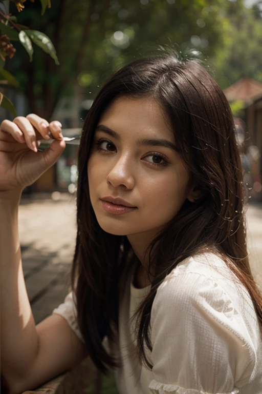 A indian gril black hair    a  white cap with her hed   at Kashmir lake siting a boot